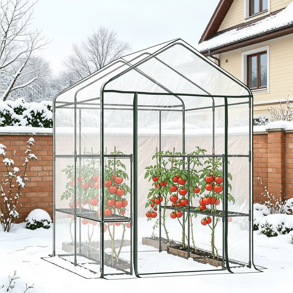 Mini Walk-in Greenhouse Kit, 5' x 5' x 6' Portable Green House with 3 Tier Shelves, Roll-Up Door, and Weatherized Plastic Cover