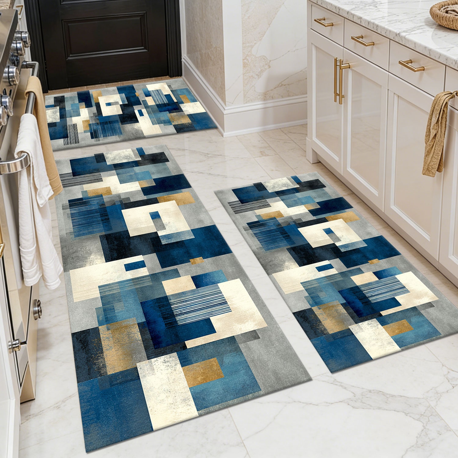Three-piece kitchen rug set, non-slip and washable, abstract pattern kitchen hallway rug, soft and comfortable, suitable for sinks, floors, entrances, hallways and bathrooms.