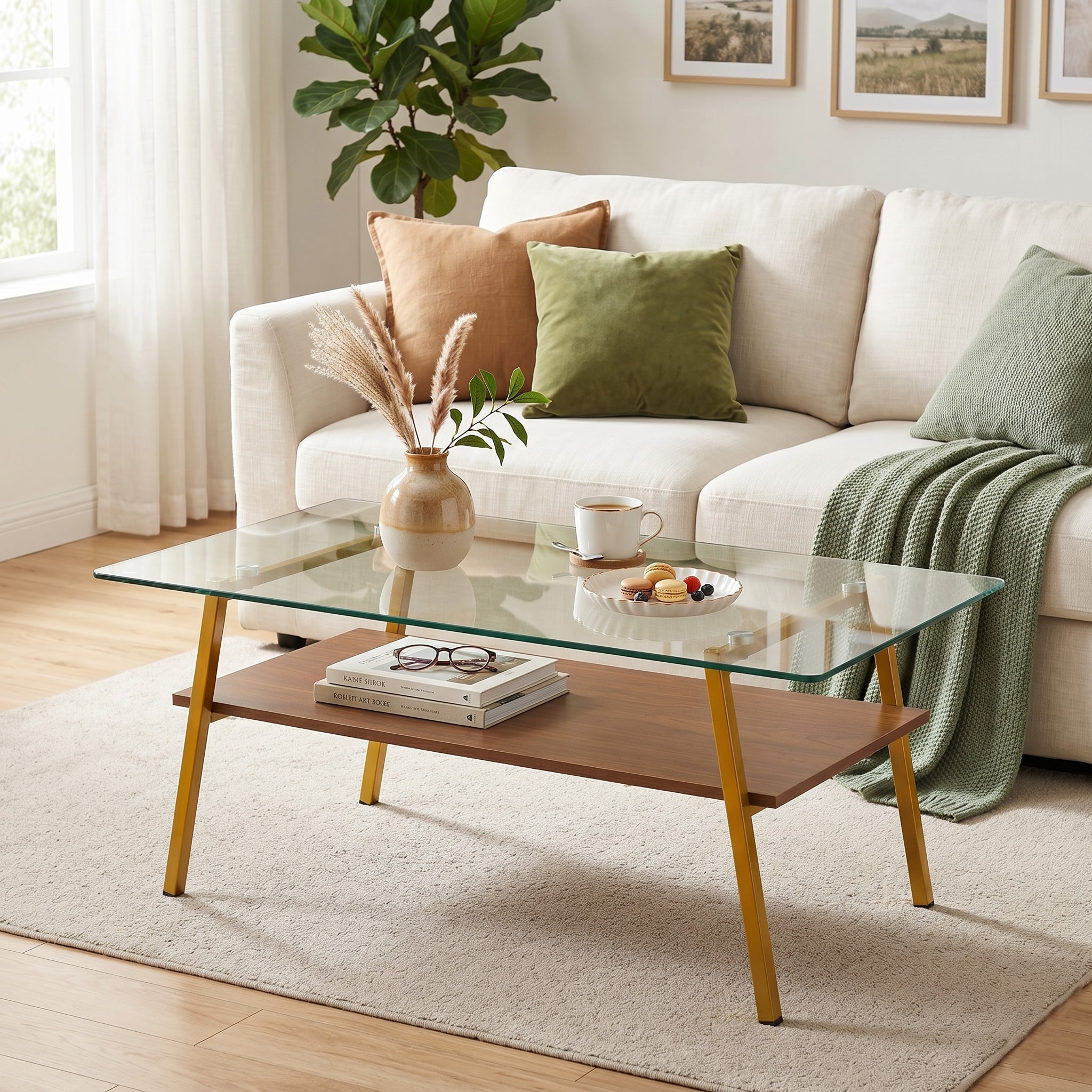 Rectangle Coffee Table, Tempered Glass Tabletop with White Metal Legs, Modern Table for Living Room , Transparent Glass