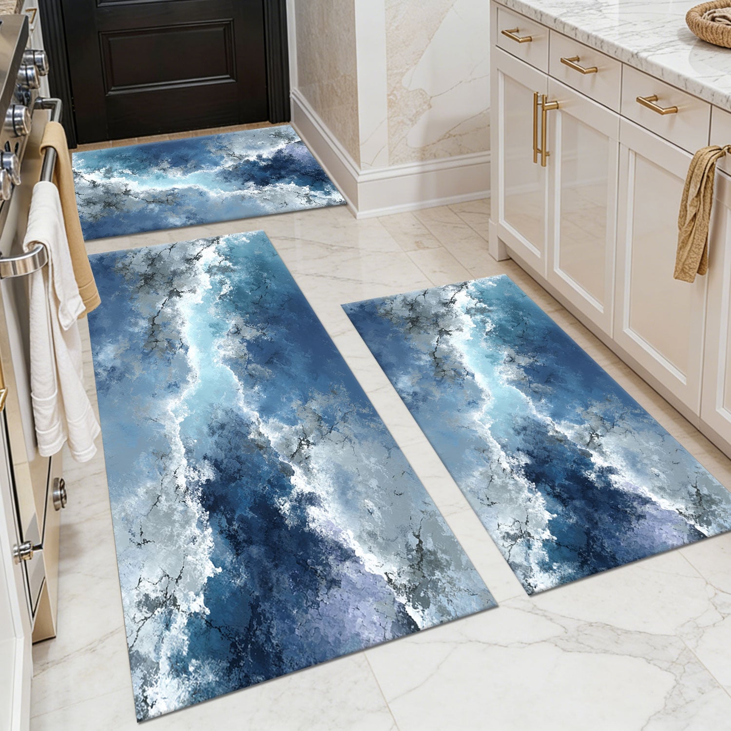 Three-piece kitchen rug set, non-slip and washable, abstract pattern kitchen hallway rug, soft and comfortable, suitable for sinks, floors, entrances, hallways and bathrooms.