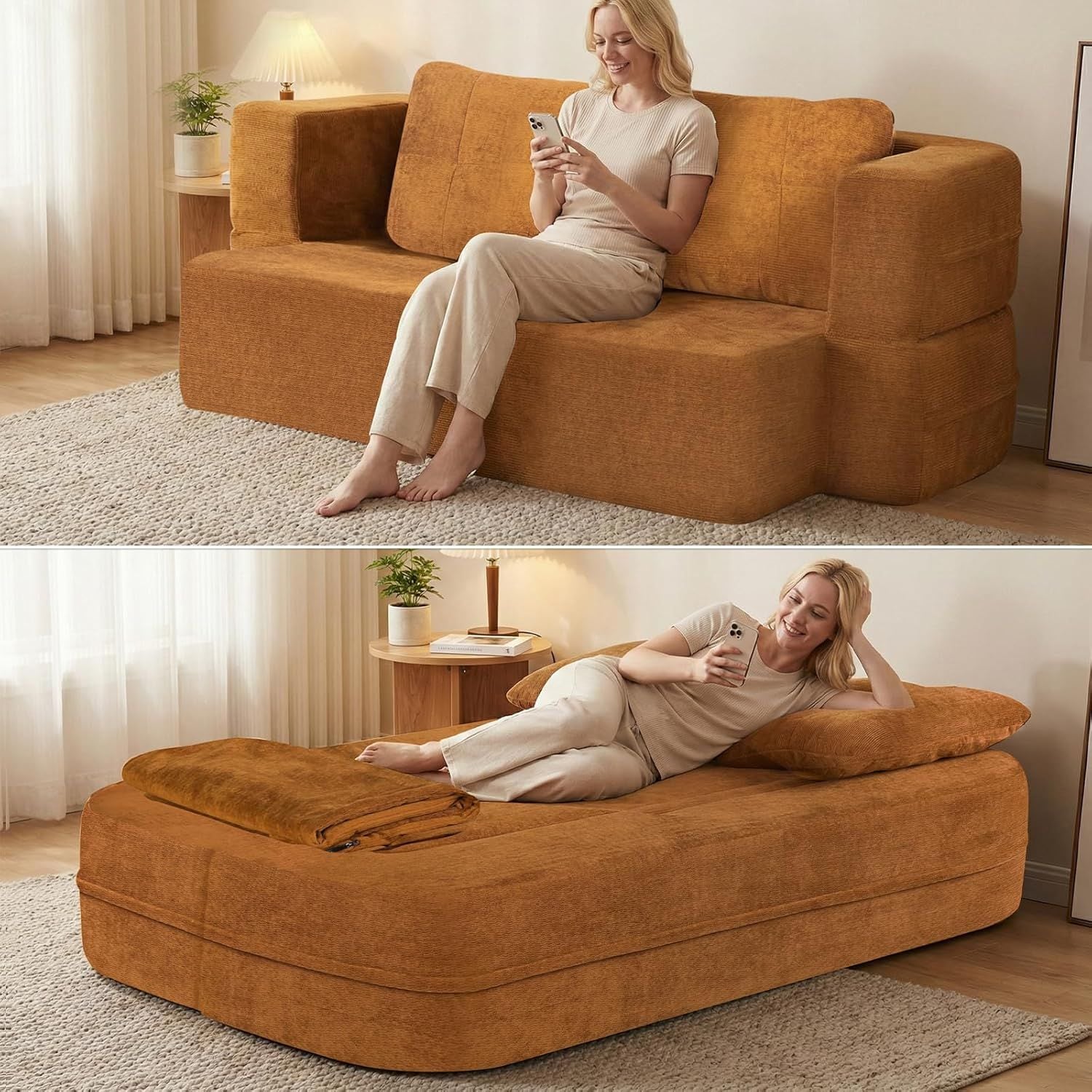 Convertible Sofa Bed with Blanket, Boneless Cloud Couch Queen Scott Fabric for Living Room Bedroom, Modular Loveseat with High-Density Solid Sponge No Assembly