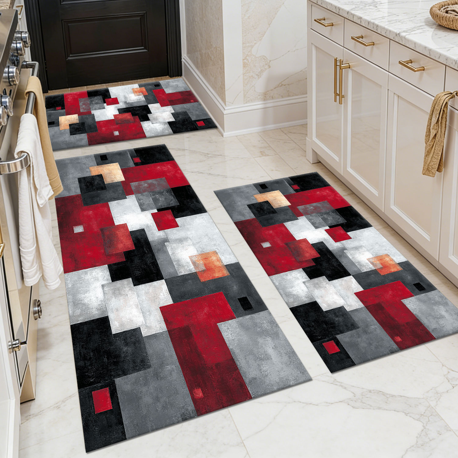 Three-piece kitchen rug set, non-slip and washable, abstract pattern kitchen hallway rug, soft and comfortable, suitable for sinks, floors, entrances, hallways and bathrooms.
