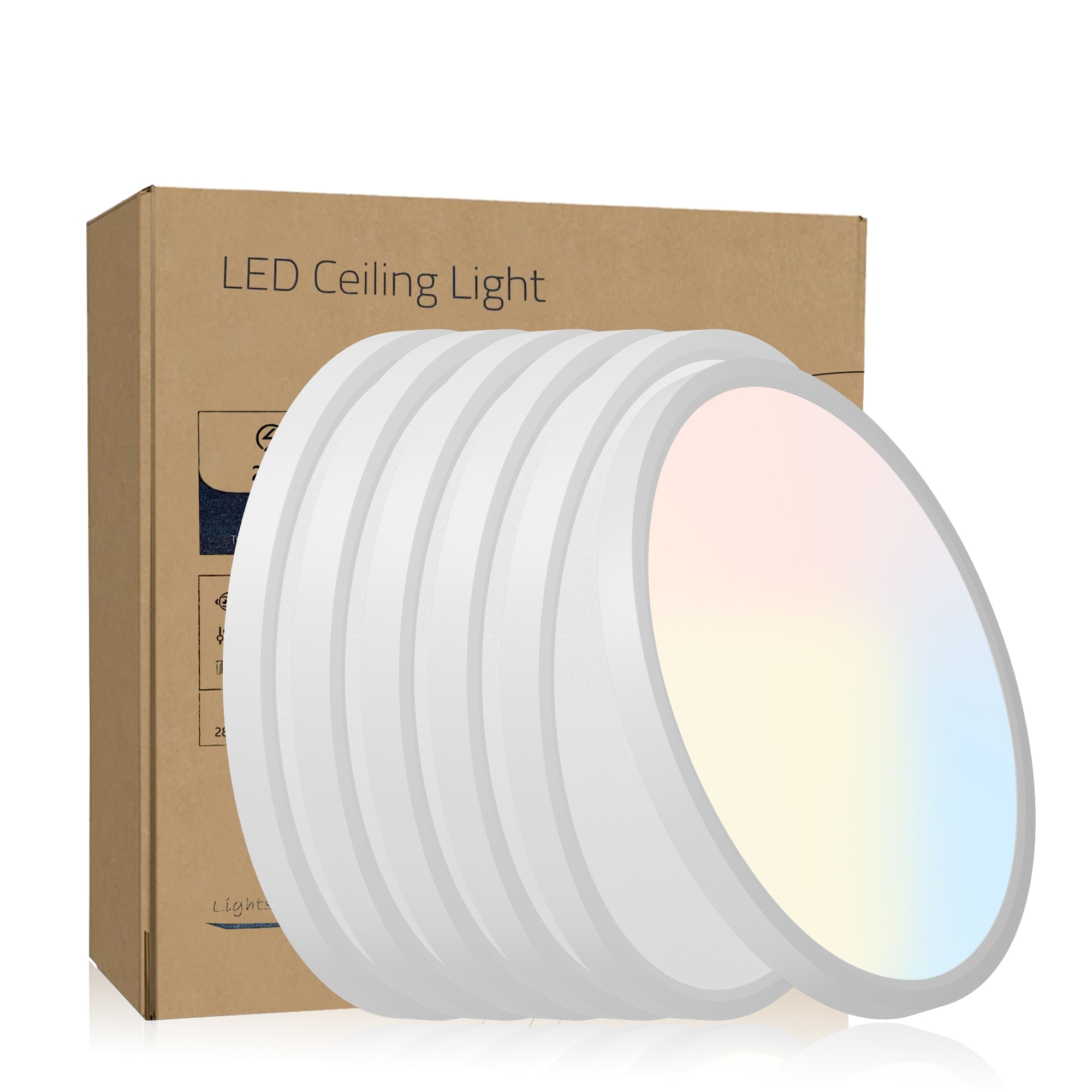 6只装 12英寸 LED 吸顶灯 - 2880流明, 5种色温 2700K/3500K/4000K/5000K/6500K, 圆形可选颜色面板灯, 可调光, 适合浴室或淋浴使用