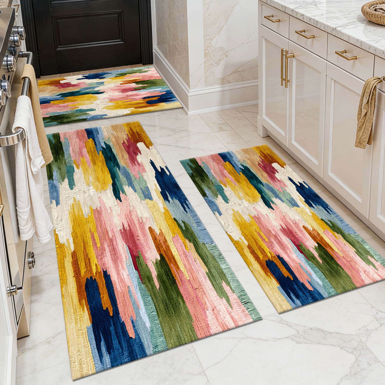 Three-piece kitchen rug set, non-slip and washable, abstract pattern kitchen hallway rug, soft and comfortable, suitable for sinks, floors, entrances, hallways and bathrooms.