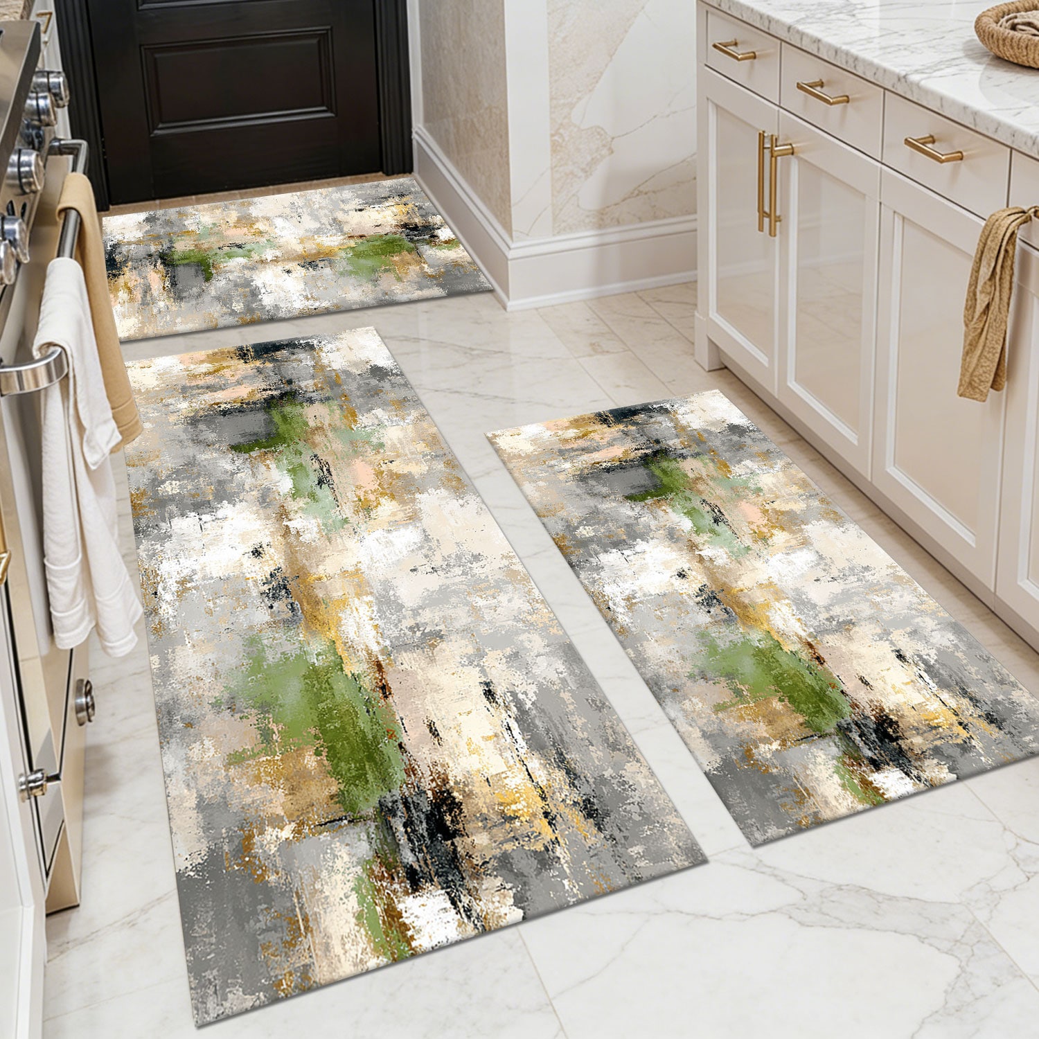 Three-piece kitchen rug set, non-slip and washable, abstract pattern kitchen hallway rug, soft and comfortable, suitable for sinks, floors, entrances, hallways and bathrooms.