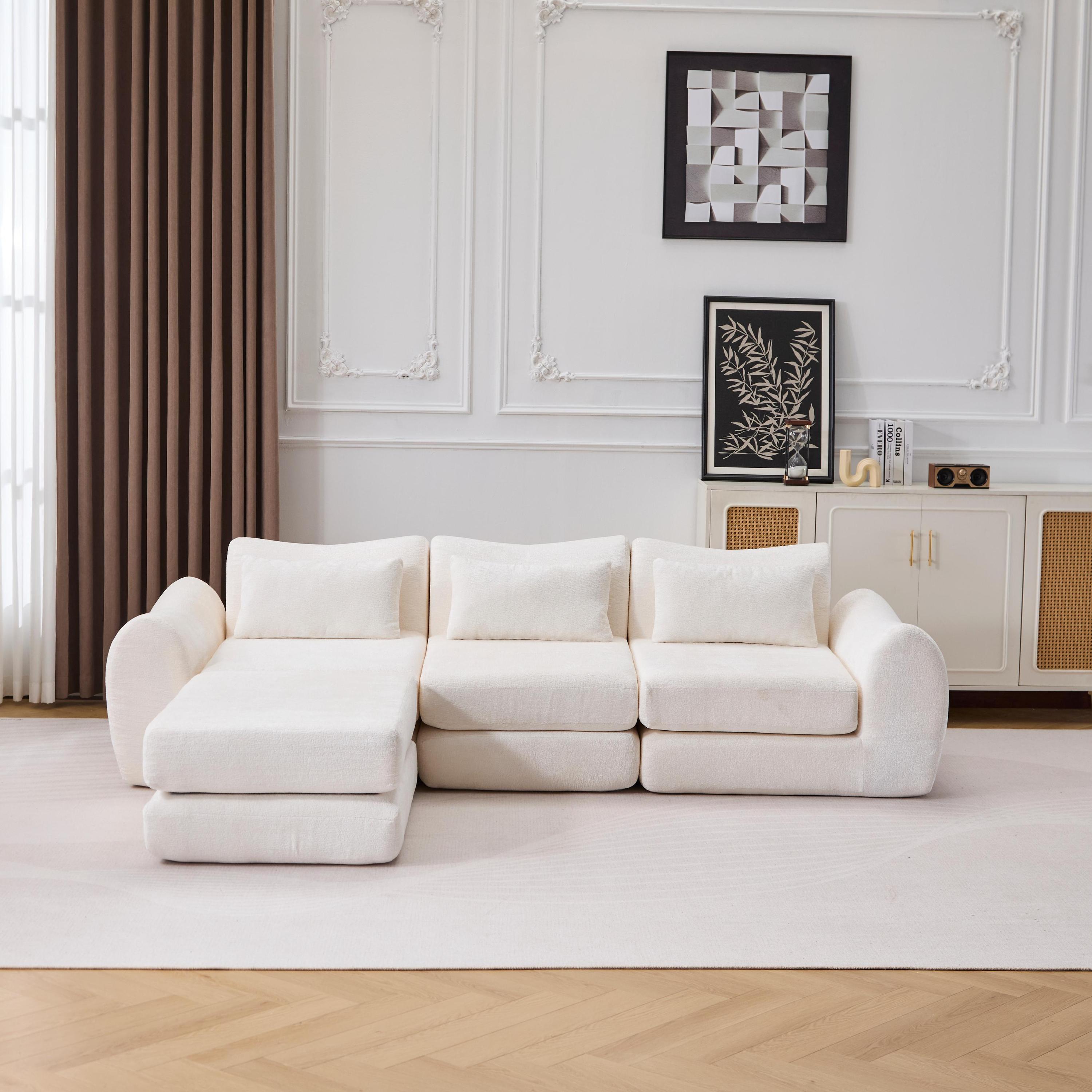 Foldable Wave Star Modular Sofa, Chenille Fabric for Living Room & Bedroom, Instant Expansion Comfortable Creative Furniture with 1 Middle Seat, 1 Ottoman and 1 Side