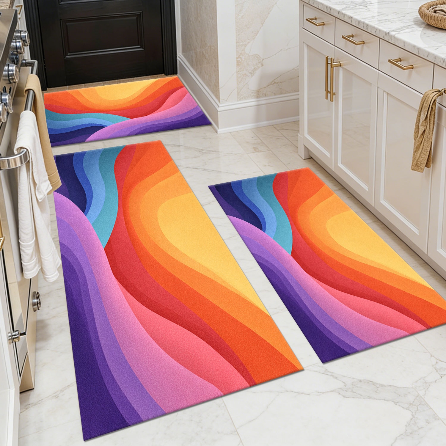 Three-piece kitchen rug set, non-slip and washable, abstract pattern kitchen hallway rug, soft and comfortable, suitable for sinks, floors, entrances, hallways and bathrooms.