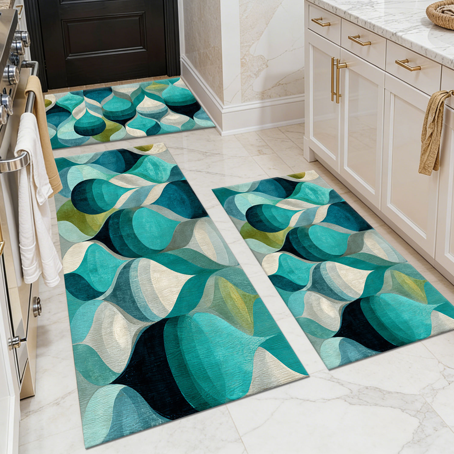 Three-piece kitchen rug set, non-slip and washable, abstract pattern kitchen hallway rug, soft and comfortable, suitable for sinks, floors, entrances, hallways and bathrooms.