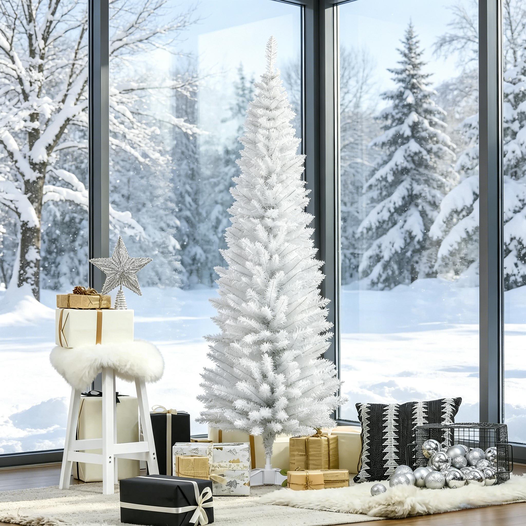 White 6' Artificial Pencil Christmas Tree with 390 Realistic Branch Tips and Plastic Stand