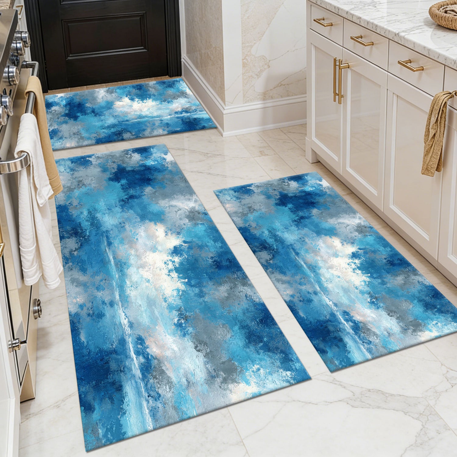 Three-piece kitchen rug set, non-slip and washable, abstract pattern kitchen hallway rug, soft and comfortable, suitable for sinks, floors, entrances, hallways and bathrooms.