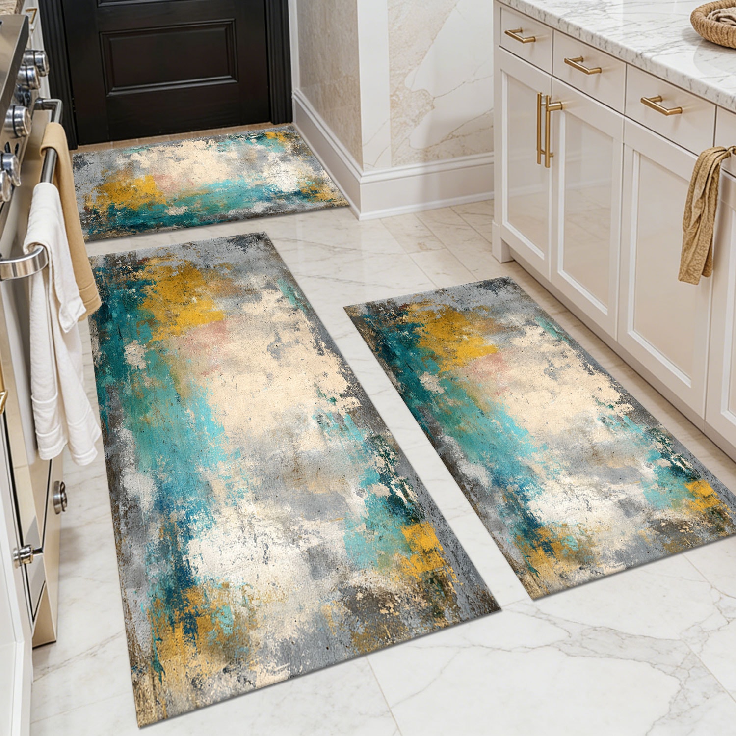 Three-piece kitchen rug set, non-slip and washable, abstract pattern kitchen hallway rug, soft and comfortable, suitable for sinks, floors, entrances, hallways and bathrooms.
