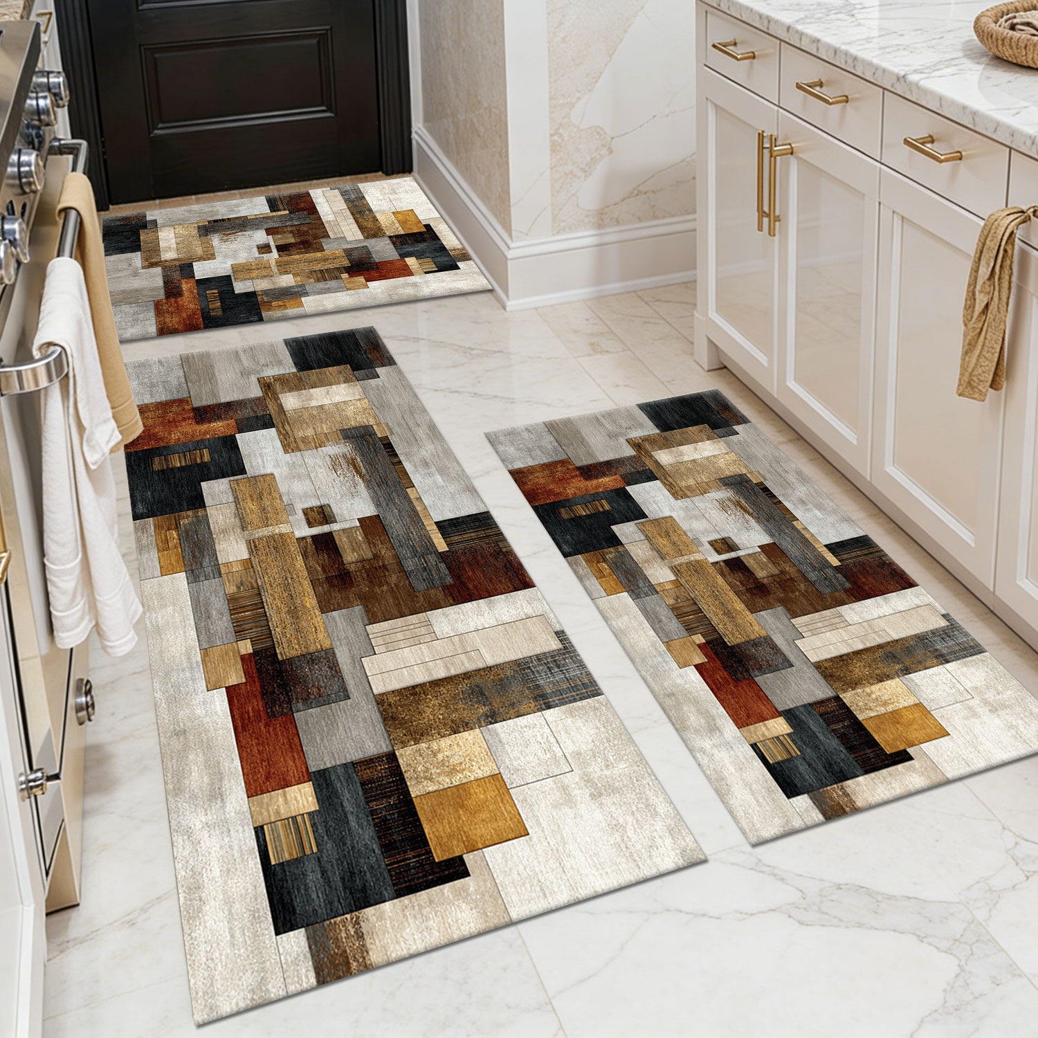 Three-piece kitchen rug set, non-slip and washable, abstract pattern kitchen hallway rug, soft and comfortable, suitable for sinks, floors, entrances, hallways and bathrooms.