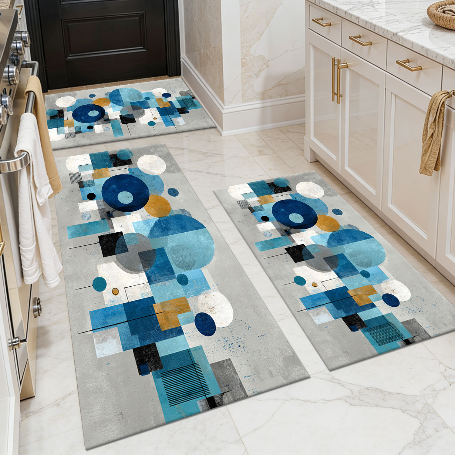 Three-piece kitchen rug set, non-slip and washable, abstract pattern kitchen hallway rug, soft and comfortable, suitable for sinks, floors, entrances, hallways and bathrooms.