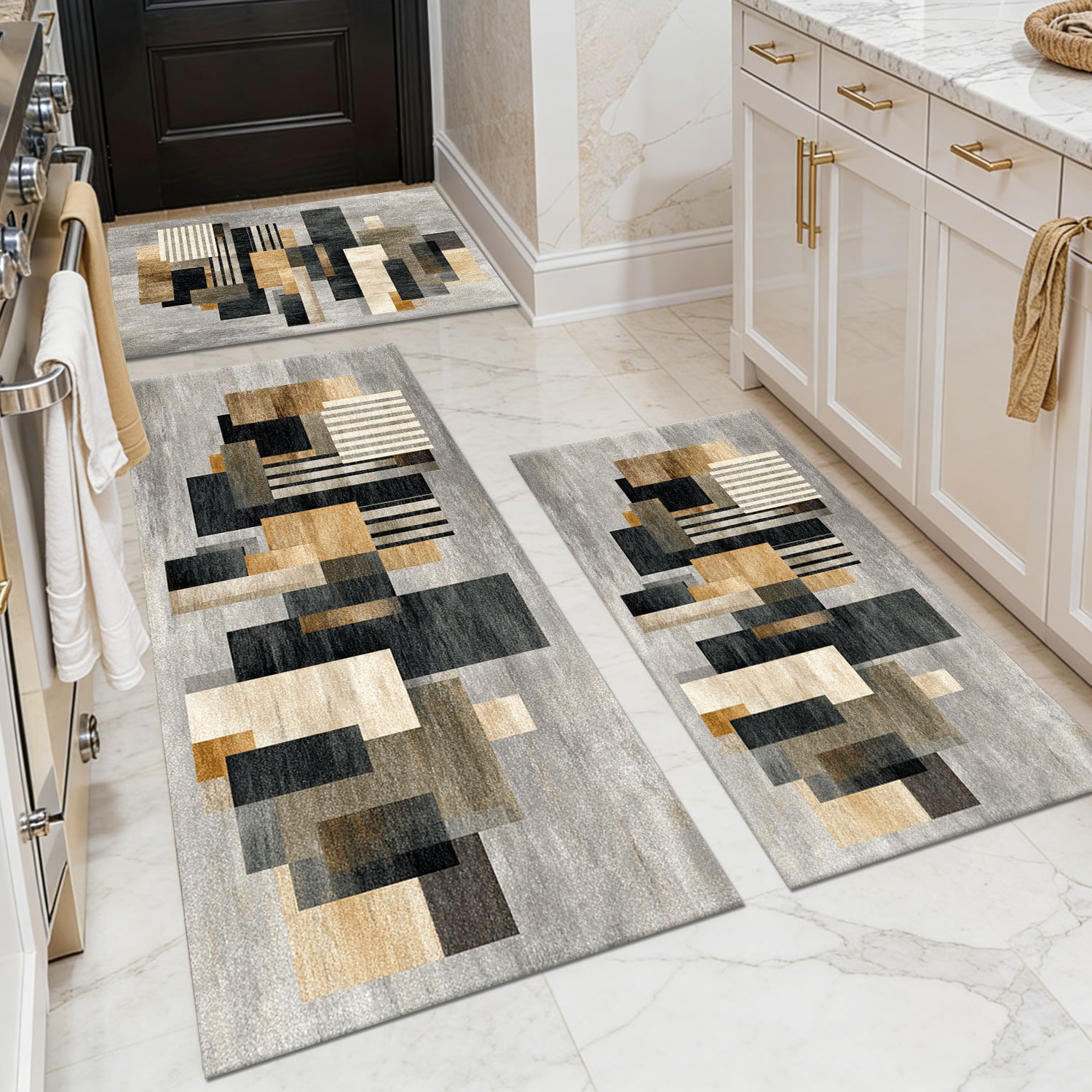 Three-piece kitchen rug set, non-slip and washable, abstract pattern kitchen hallway rug, soft and comfortable, suitable for sinks, floors, entrances, hallways and bathrooms.