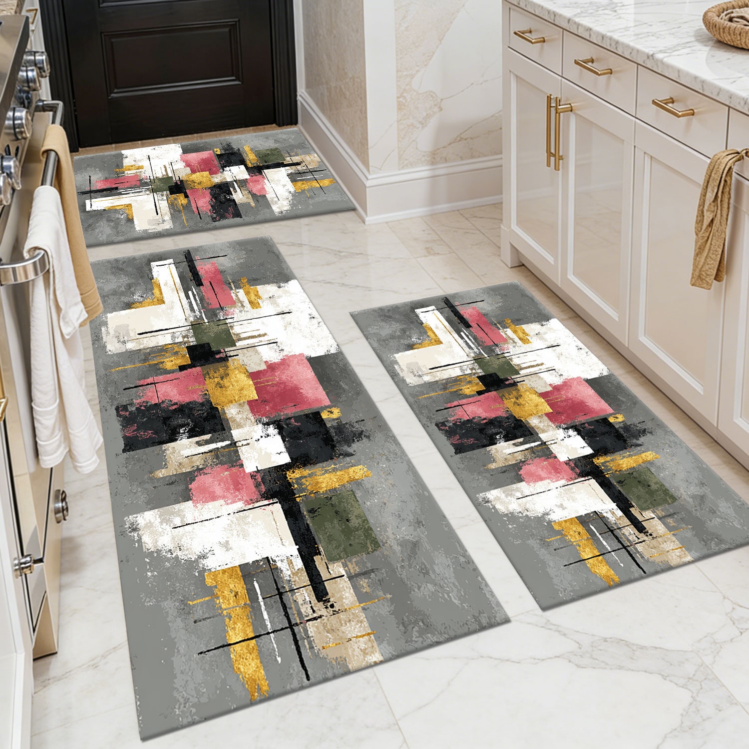 Three-piece kitchen rug set, non-slip and washable, abstract pattern kitchen hallway rug, soft and comfortable, suitable for sinks, floors, entrances, hallways and bathrooms.