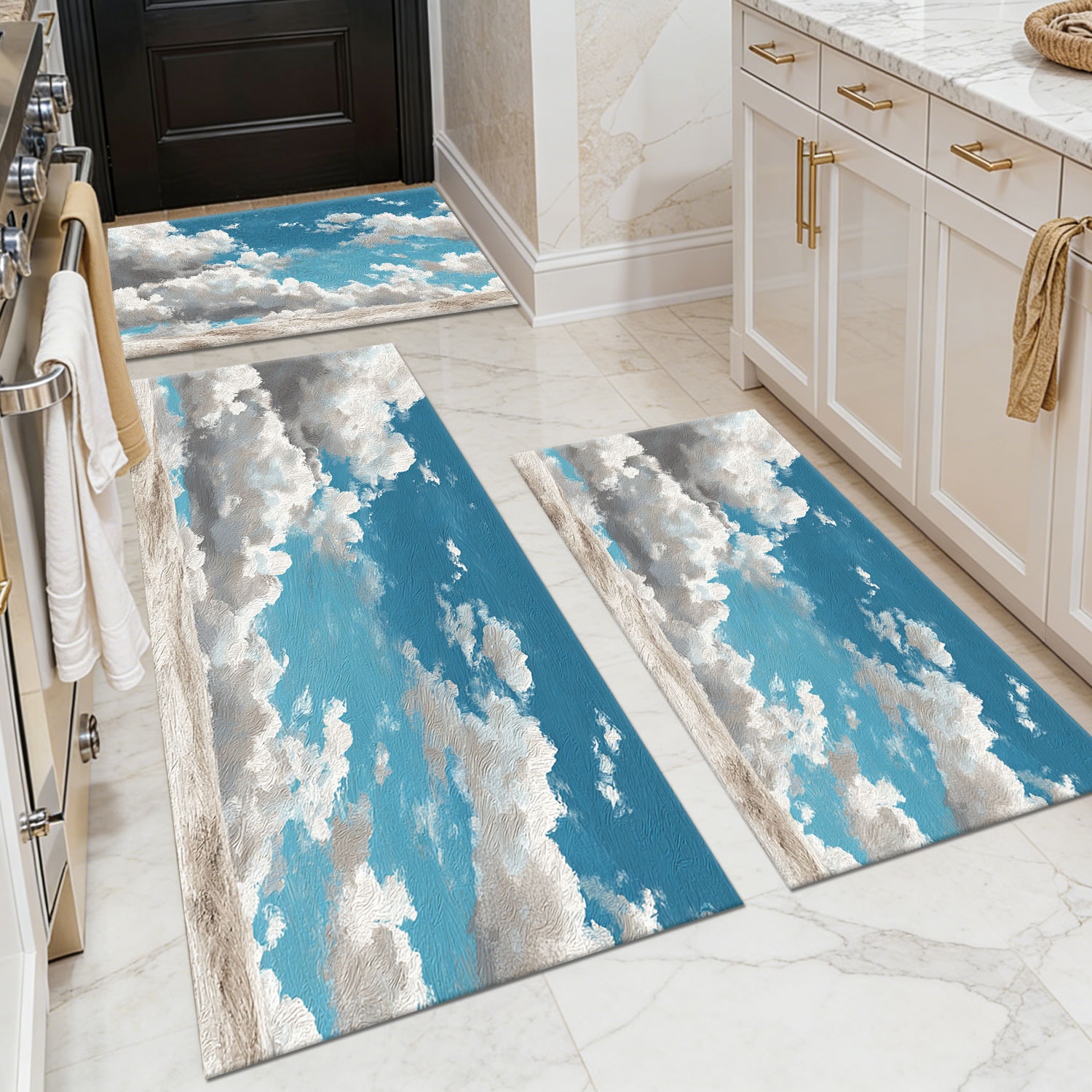 Three-piece kitchen rug set, non-slip and washable, abstract pattern kitchen hallway rug, soft and comfortable, suitable for sinks, floors, entrances, hallways and bathrooms.