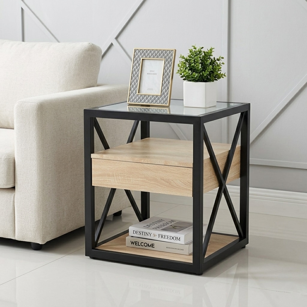 1 piece Modern End Table with Drawer - Nightstand for Bedroom & Living Room, Natural Wood MDF & Tempered Glass Top, Industrial Style Side Table