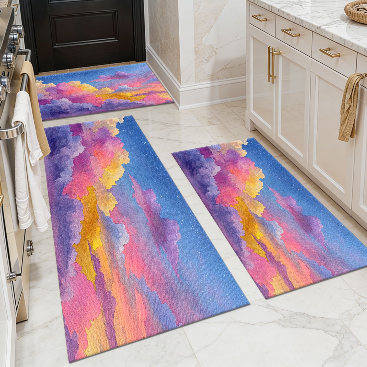 Three-piece kitchen rug set, non-slip and washable, abstract pattern kitchen hallway rug, soft and comfortable, suitable for sinks, floors, entrances, hallways and bathrooms.