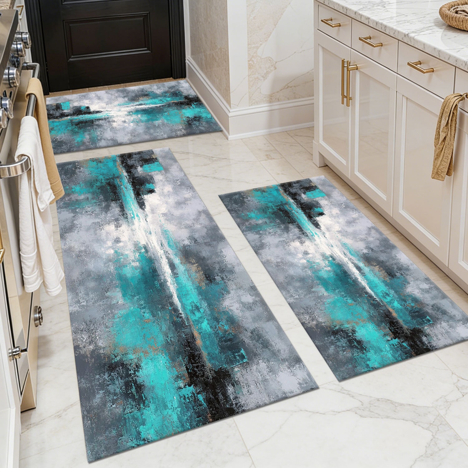 Three-piece kitchen rug set, non-slip and washable, abstract pattern kitchen hallway rug, soft and comfortable, suitable for sinks, floors, entrances, hallways and bathrooms.