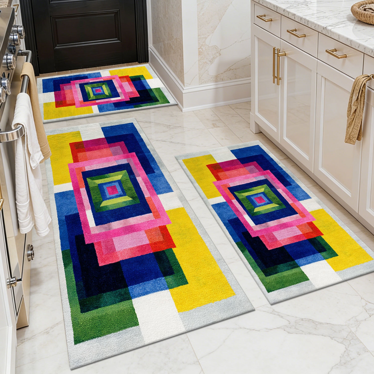Three-piece kitchen rug set, non-slip and washable, abstract pattern kitchen hallway rug, soft and comfortable, suitable for sinks, floors, entrances, hallways and bathrooms.