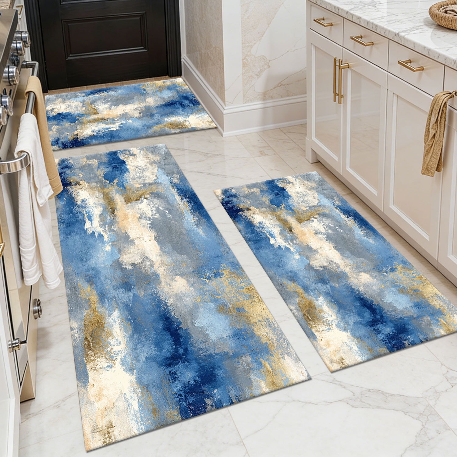 Three-piece kitchen rug set, non-slip and washable, abstract pattern kitchen hallway rug, soft and comfortable, suitable for sinks, floors, entrances, hallways and bathrooms.