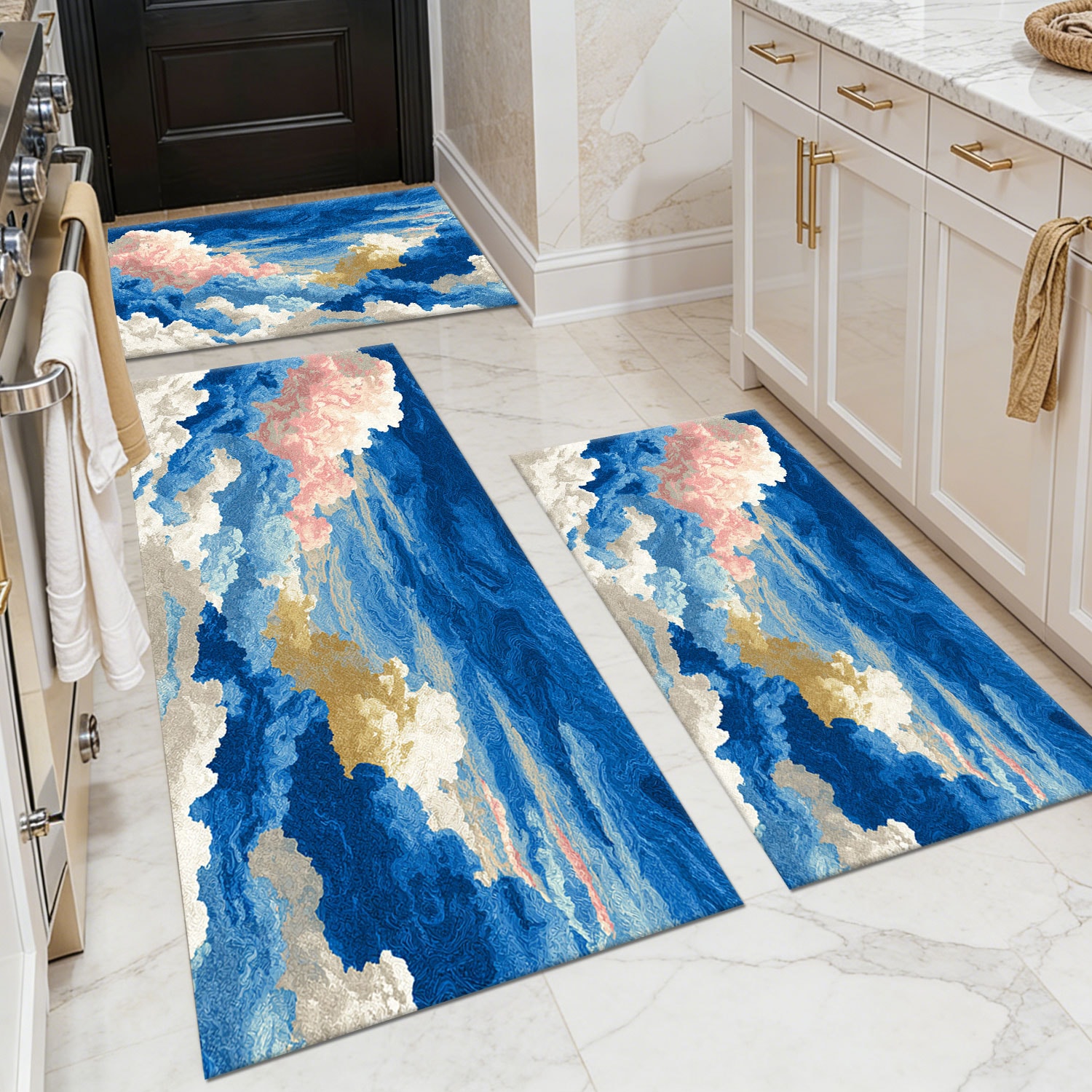 Three-piece kitchen rug set, non-slip and washable, abstract pattern kitchen hallway rug, soft and comfortable, suitable for sinks, floors, entrances, hallways and bathrooms.