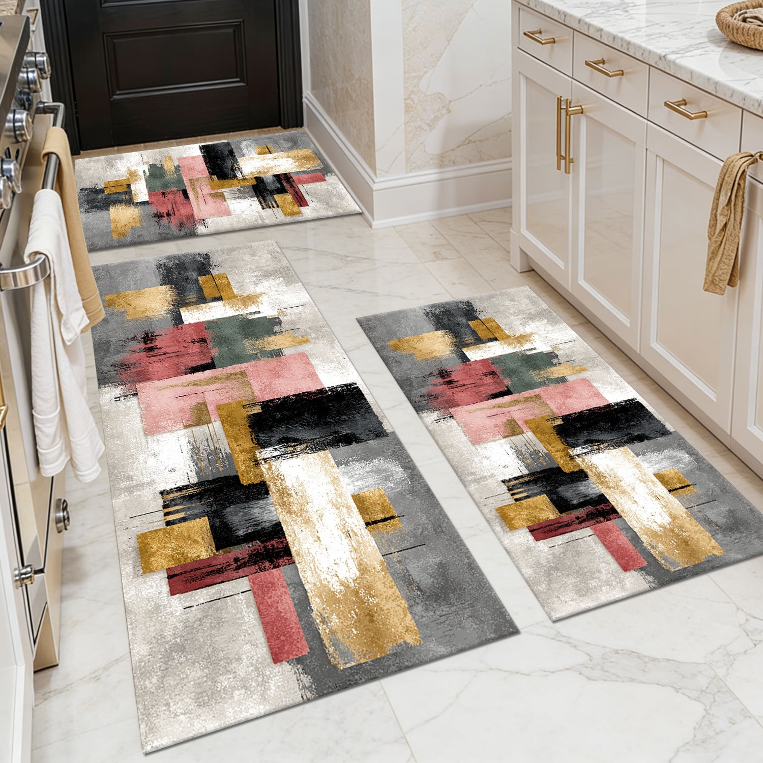 Three-piece kitchen rug set, non-slip and washable, abstract pattern kitchen hallway rug, soft and comfortable, suitable for sinks, floors, entrances, hallways and bathrooms.