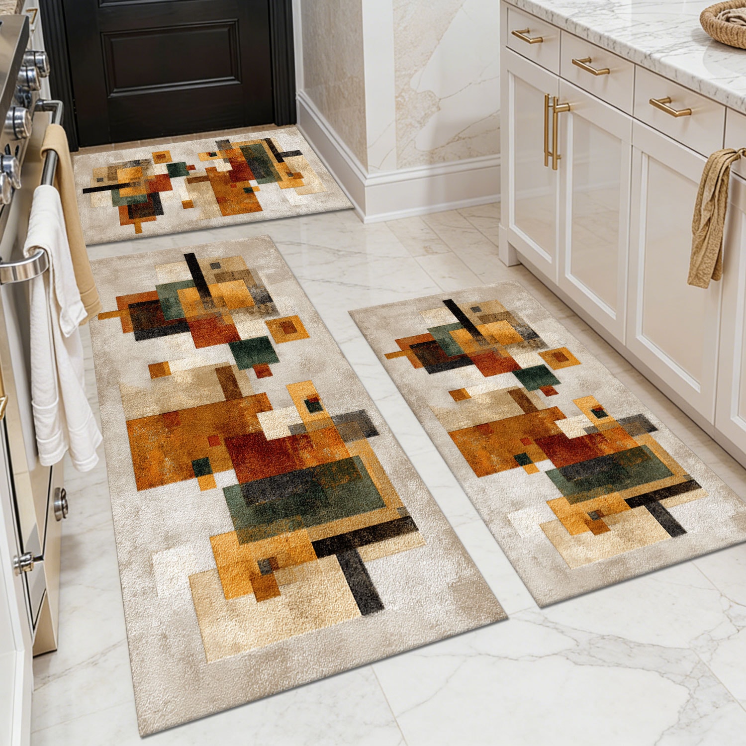 Three-piece kitchen rug set, non-slip and washable, abstract pattern kitchen hallway rug, soft and comfortable, suitable for sinks, floors, entrances, hallways and bathrooms.