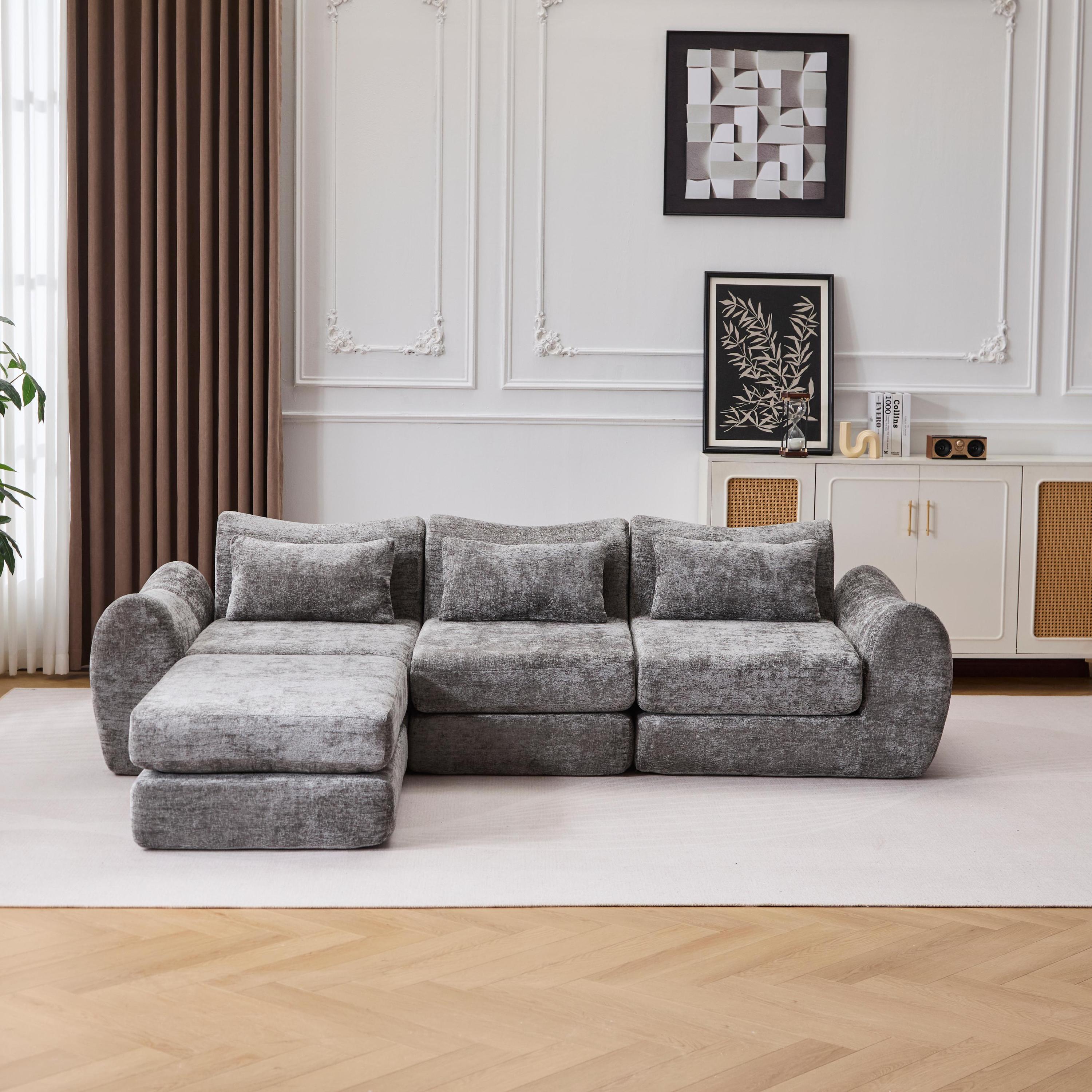 Foldable Wave Star Modular Sofa, Chenille Fabric for Living Room & Bedroom, Instant Expansion Comfortable Creative Furniture with 1 Middle Seat, 1 Ottoman and 1 Side