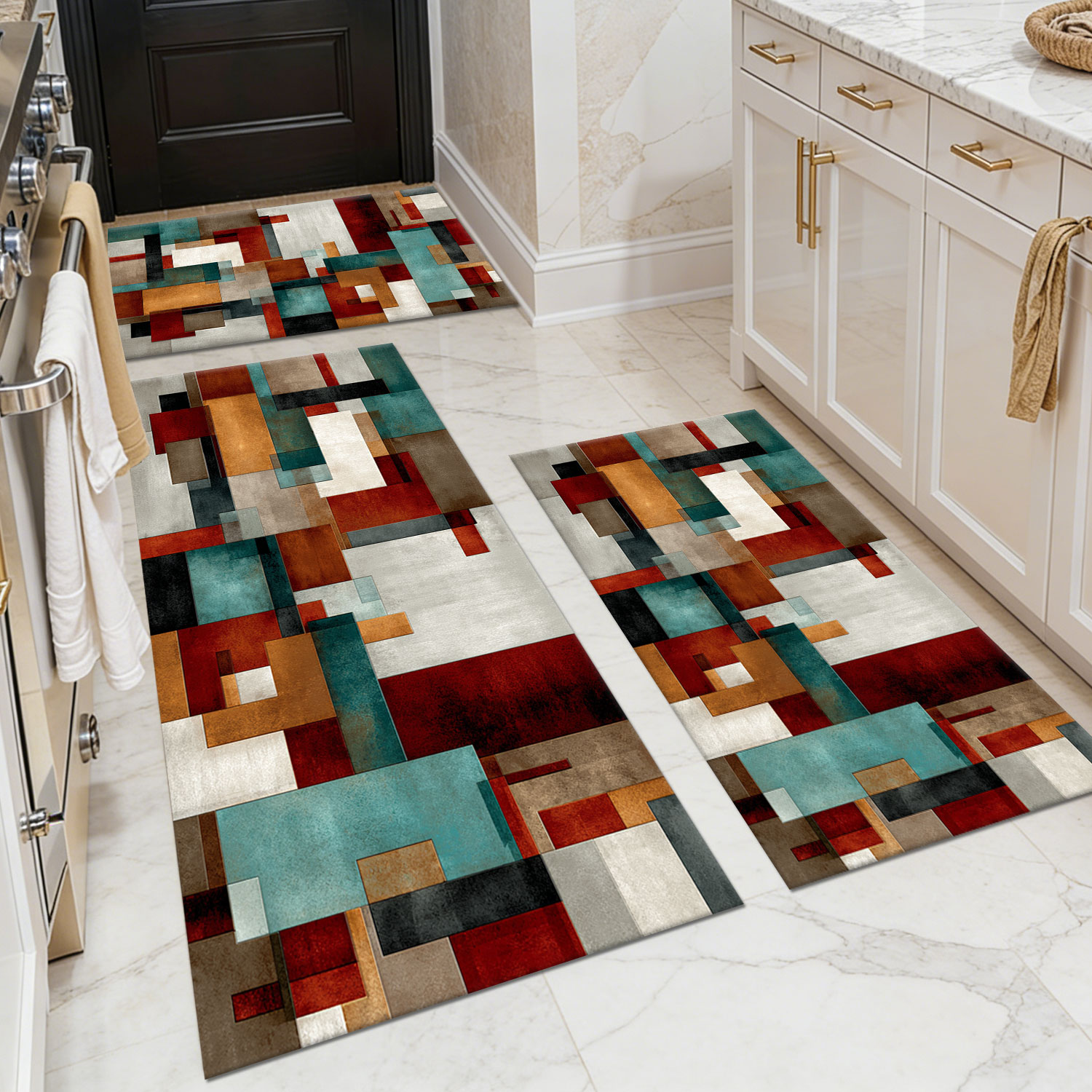 Three-piece kitchen rug set, non-slip and washable, abstract pattern kitchen hallway rug, soft and comfortable, suitable for sinks, floors, entrances, hallways and bathrooms.