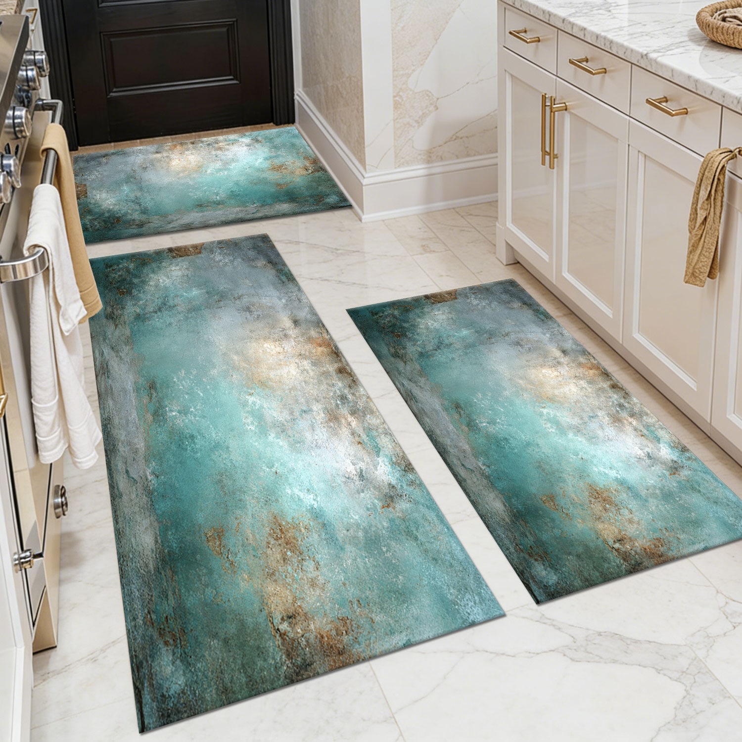 Three-piece kitchen rug set, non-slip and washable, abstract pattern kitchen hallway rug, soft and comfortable, suitable for sinks, floors, entrances, hallways and bathrooms.