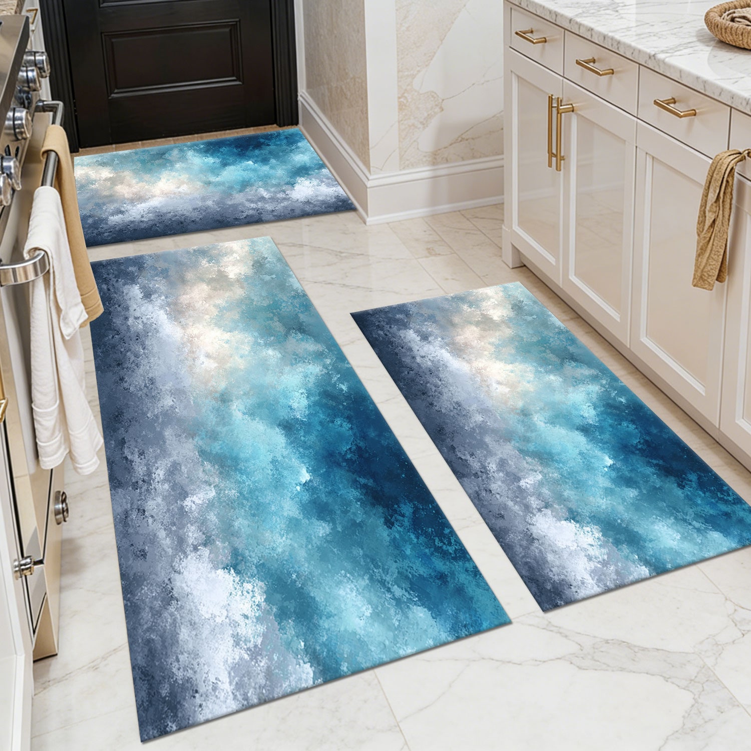 Three-piece kitchen rug set, non-slip and washable, abstract pattern kitchen hallway rug, soft and comfortable, suitable for sinks, floors, entrances, hallways and bathrooms.