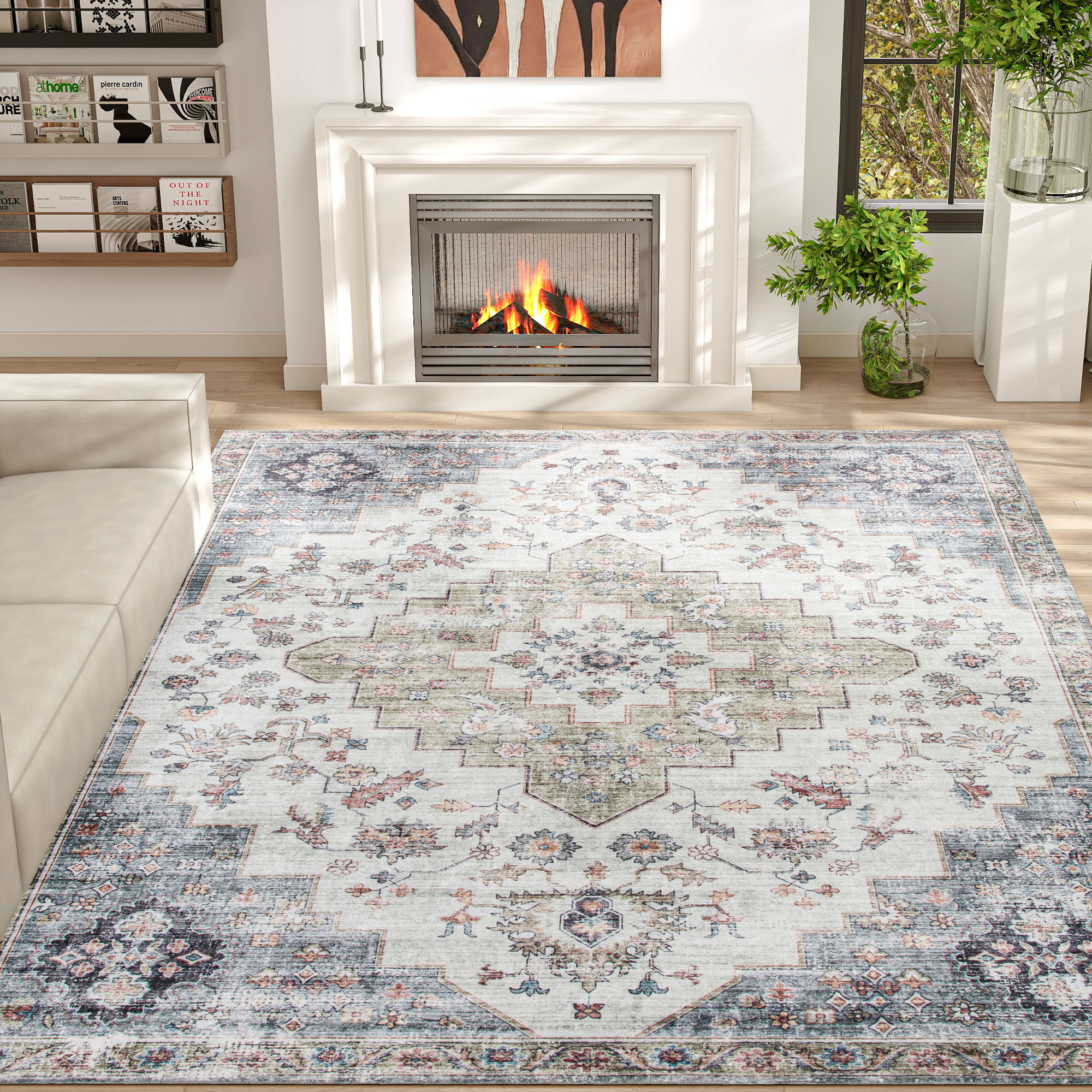 8x10 Area Rug, Vintage Machine Washable Rug, Non-Slip Carpet for Living Room, Bedroom, Dining Room, Brown and Green