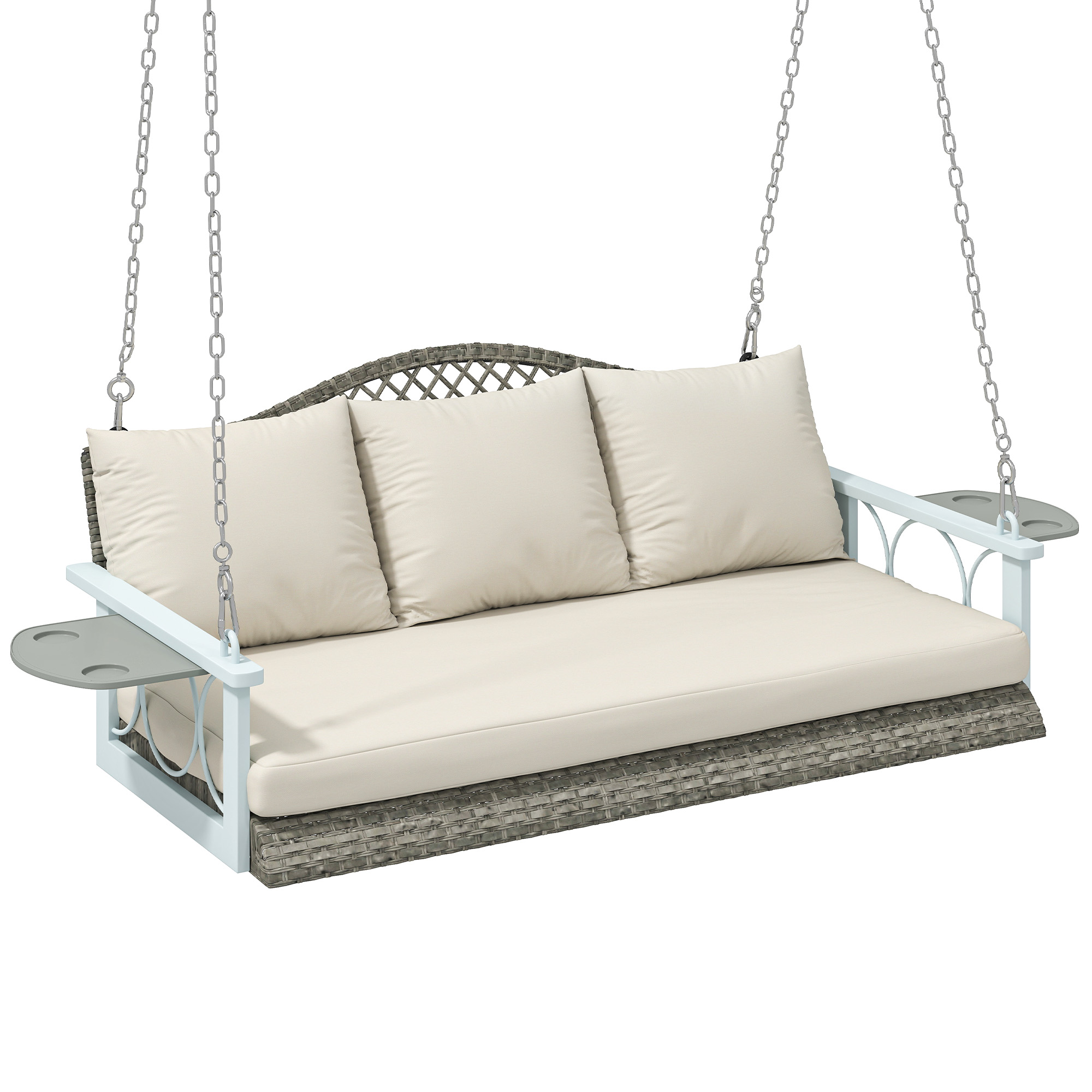 3 Person Wicker Hanging Outdoor Patio Porch Swing Bench with Cup Holders, Cushions, and Chains, Natural