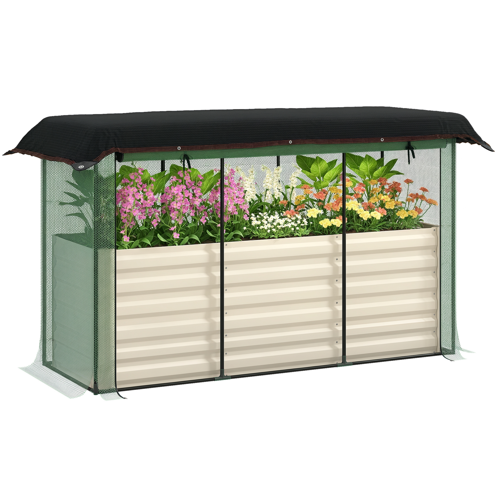 Galvanized Steel Planter Box with Crop Cage and Shade Cloth, Raised Garden Bed for Flowers, Veggies and Herbs, Beige