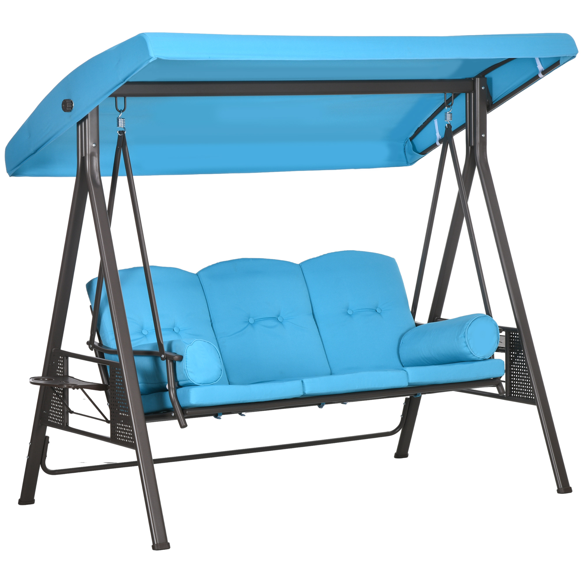 3-Seat Outdoor Porch Swing Chair with Adjustable Canopy, Cushion and Pillows for Garden, Poolside, Blue