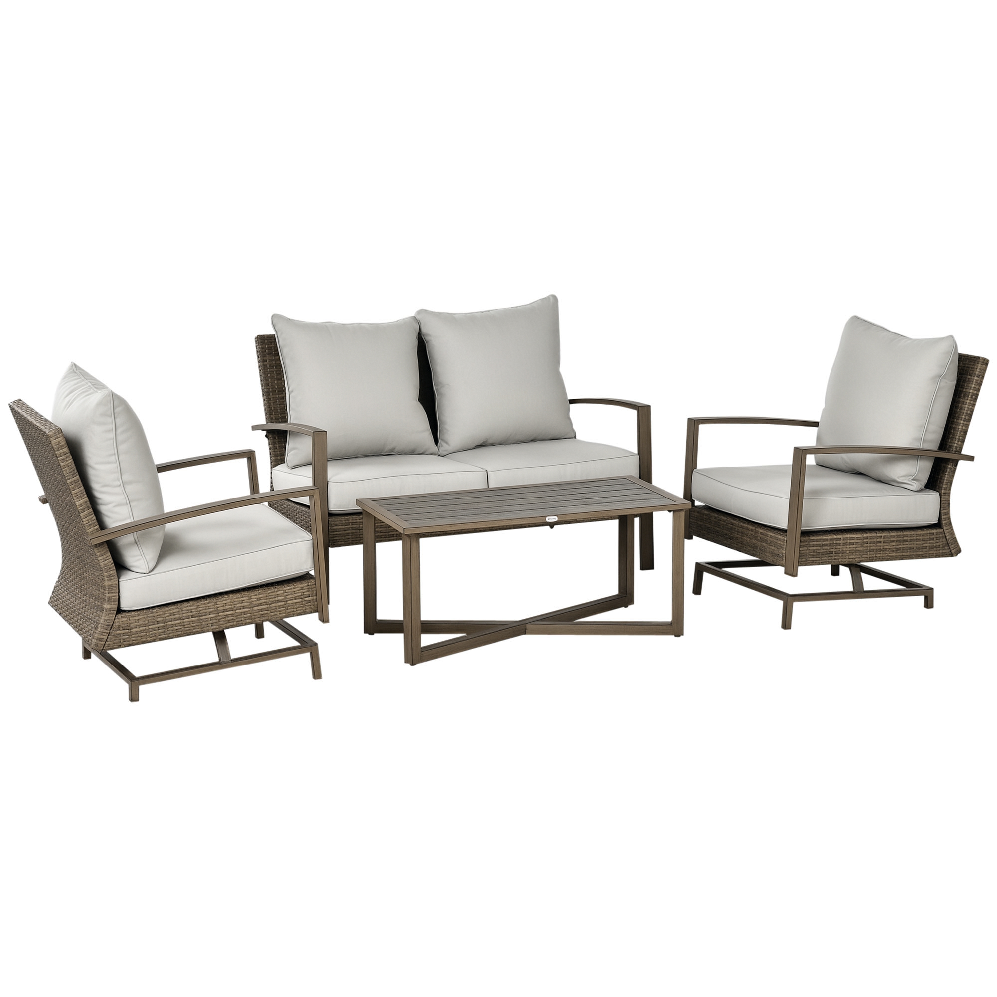  4 Piece Wicker Patio Furniture Set with 2 Rocking Chairs, Loveseat Sofa, Outdoor PE Rattan Conversation Set with Cushions, Aluminum Table for Porch, Poolside, Light Gray