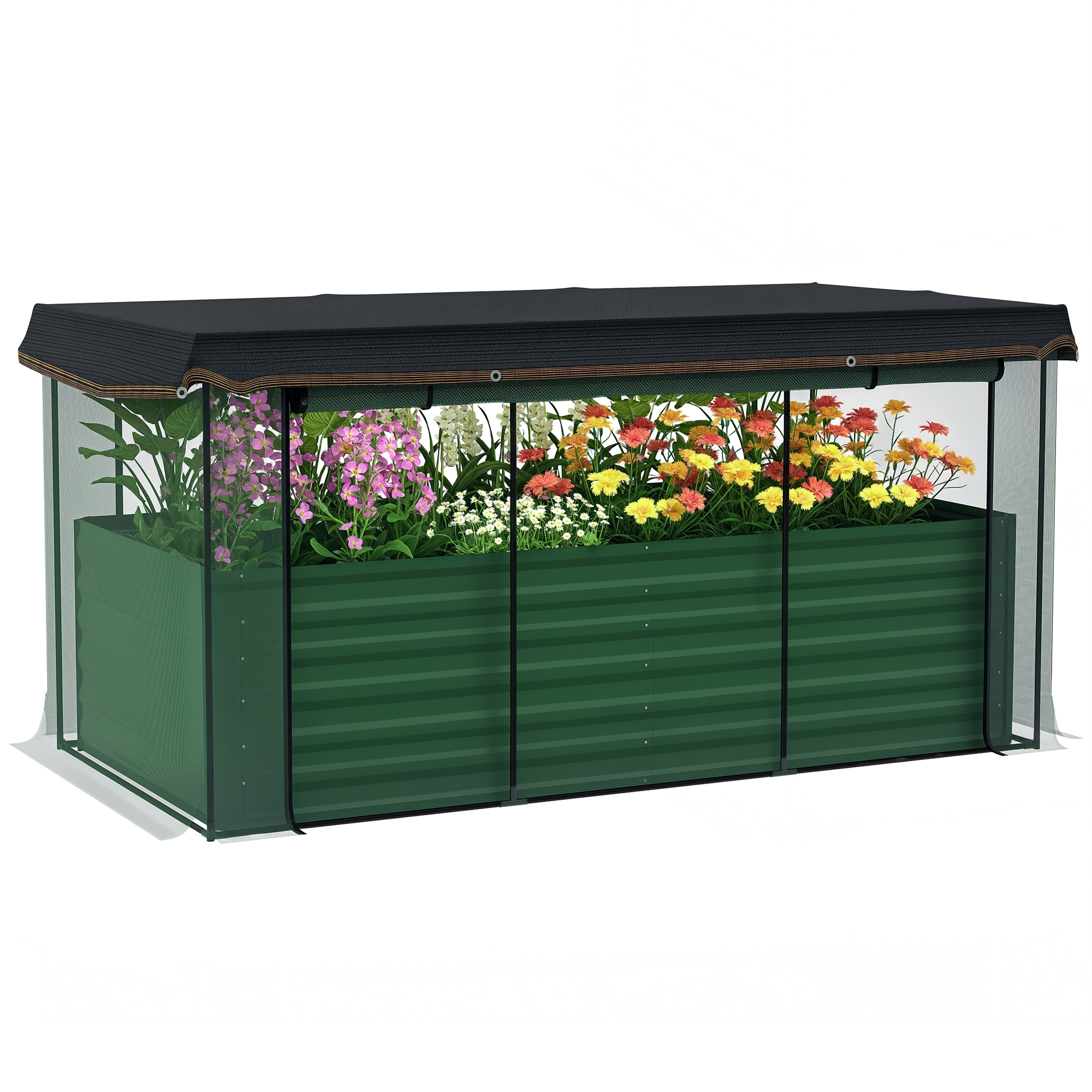Galvanized Steel Planter Box with Crop Cage and Shade Cloth, Raised Garden Bed for Flowers, Veggies and Herbs, Green