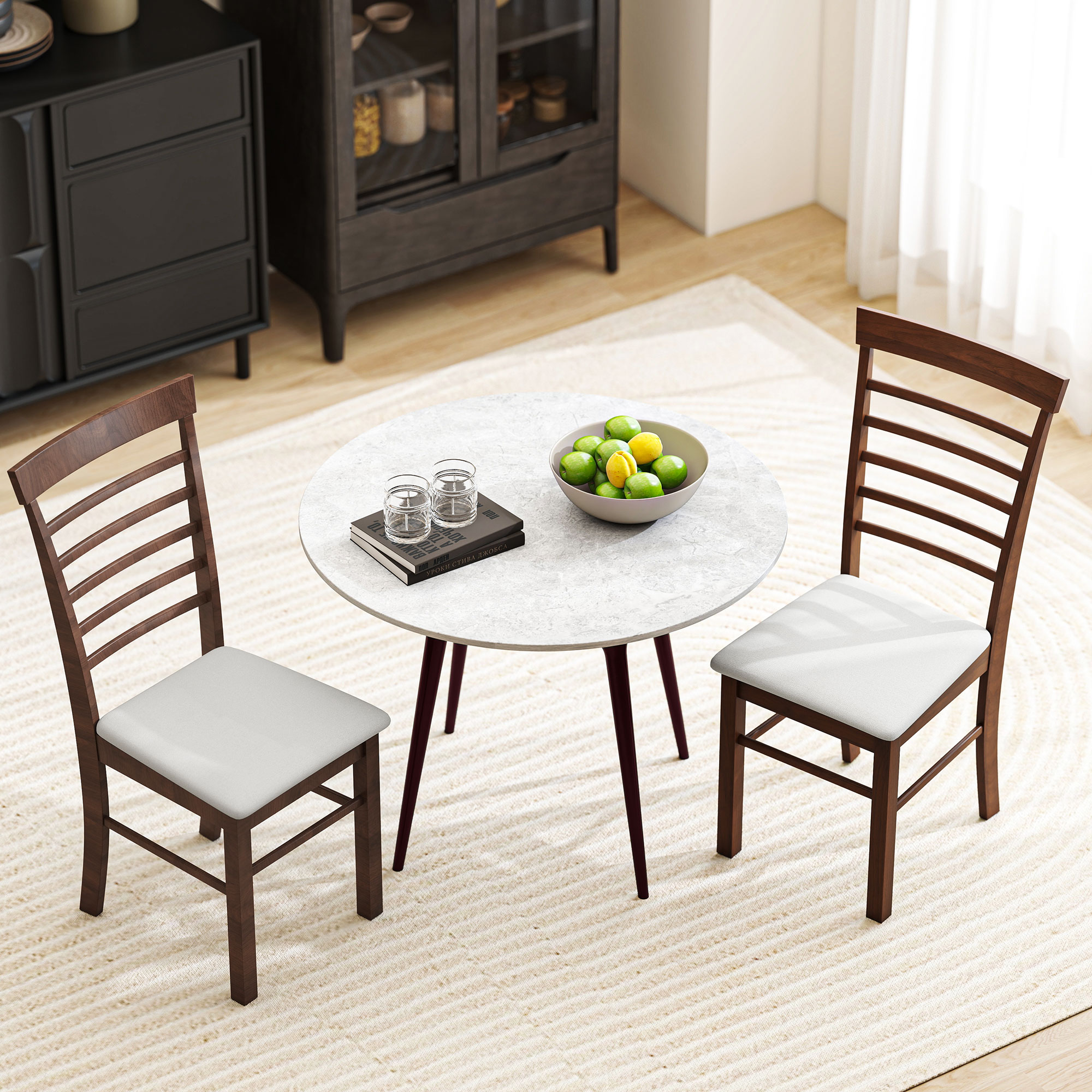Wooden Dining Chairs Set of 2, Farmhouse Upholstered Kitchen Chairs with Rubber Wood Frame, Dark Brown and Beige