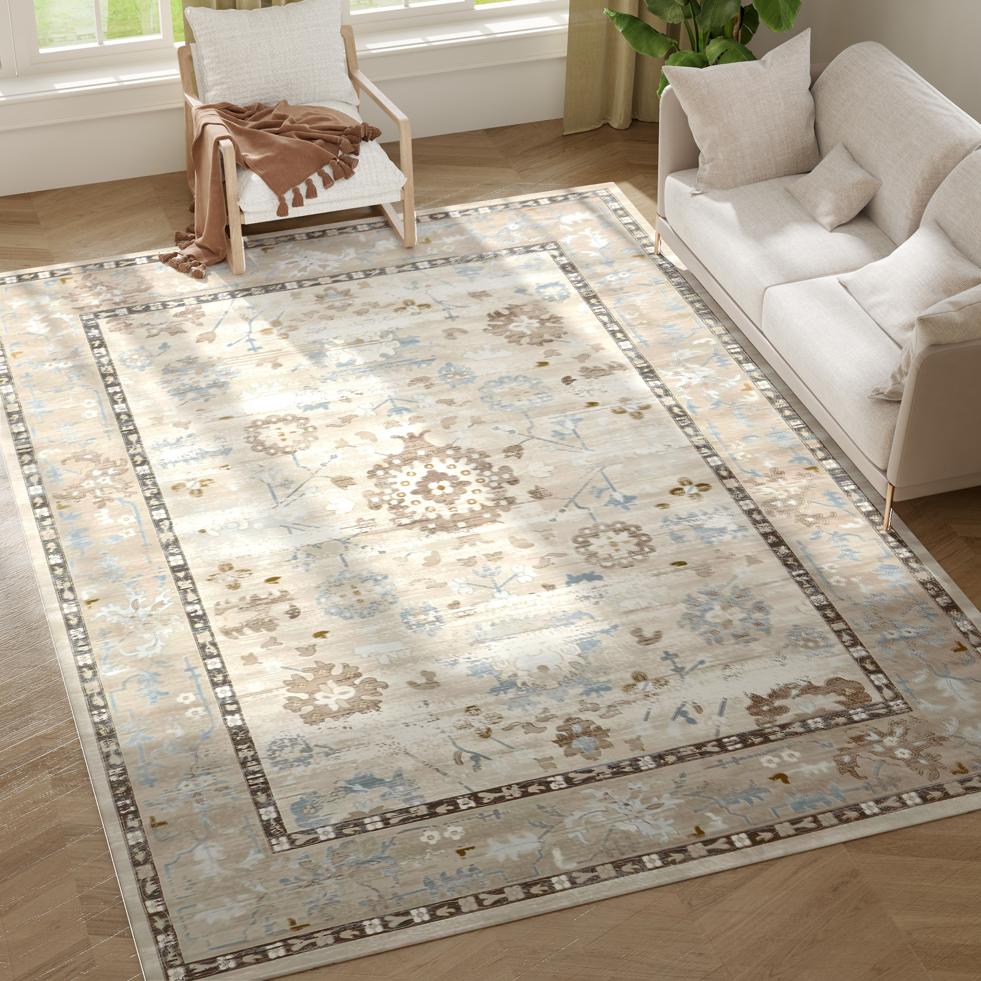8x10 Area Rug, Indoor Boho Machine Washable Carpet for Living Room, Bedroom, Dining Room, Kitchen, Blue