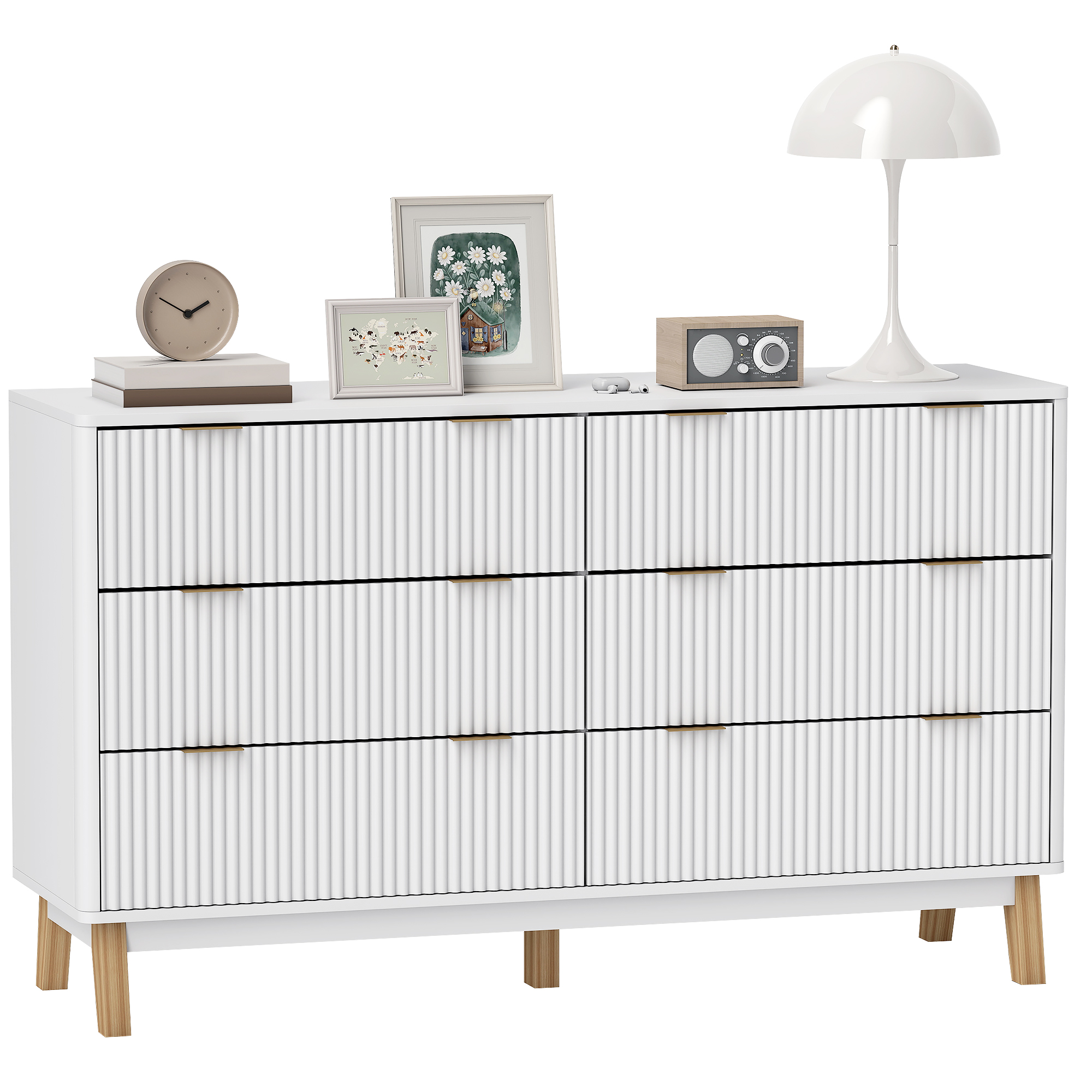 6 Drawer Double Dresser for Bedroom, Fluted Chest of Drawers with Gold Finger Pulls and 5 Wood Legs, White