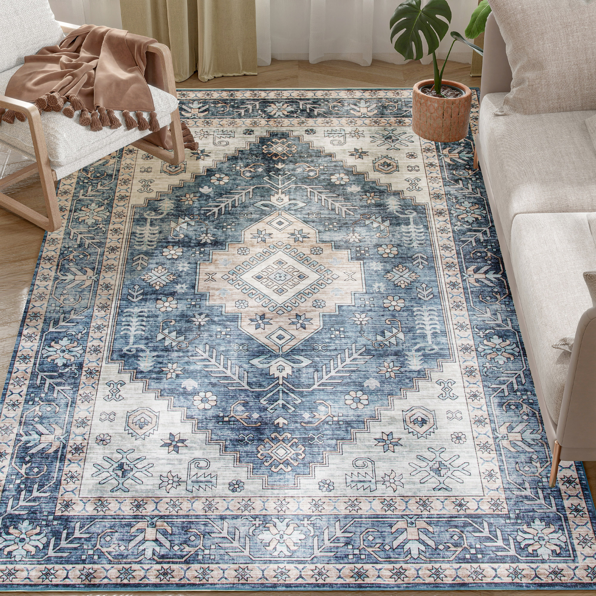 5x7 Area Rug, Vintage Washable Rug, Non-Slip Floor Carpet for Living Room, Bedroom, Dining Room, Blue