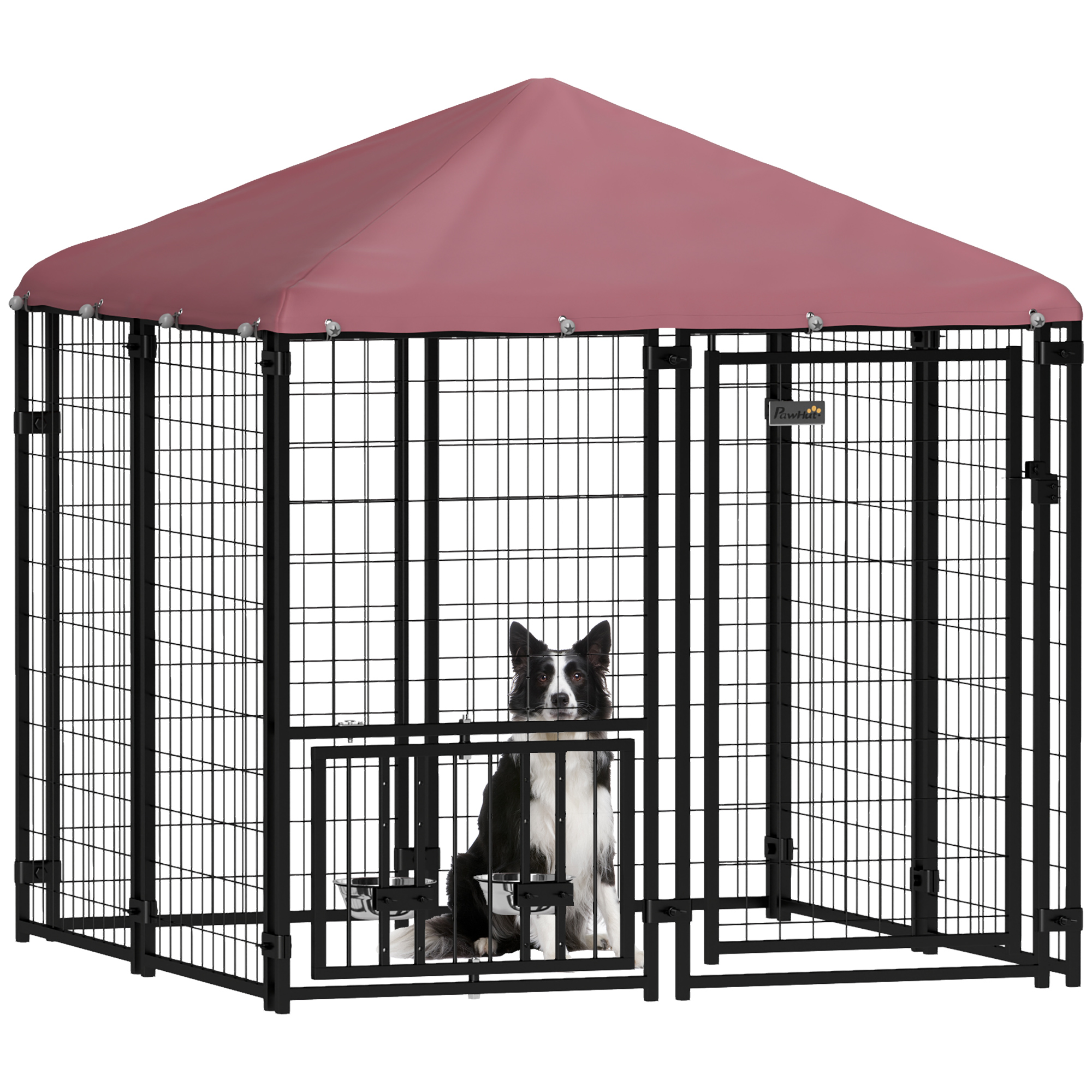 Welded Wire Outdoor Dog Kennel with 360° Rotating & 4 Levels Adjustable Bowls, Waterproof Cover, 4.6' x 4.6' x 5'