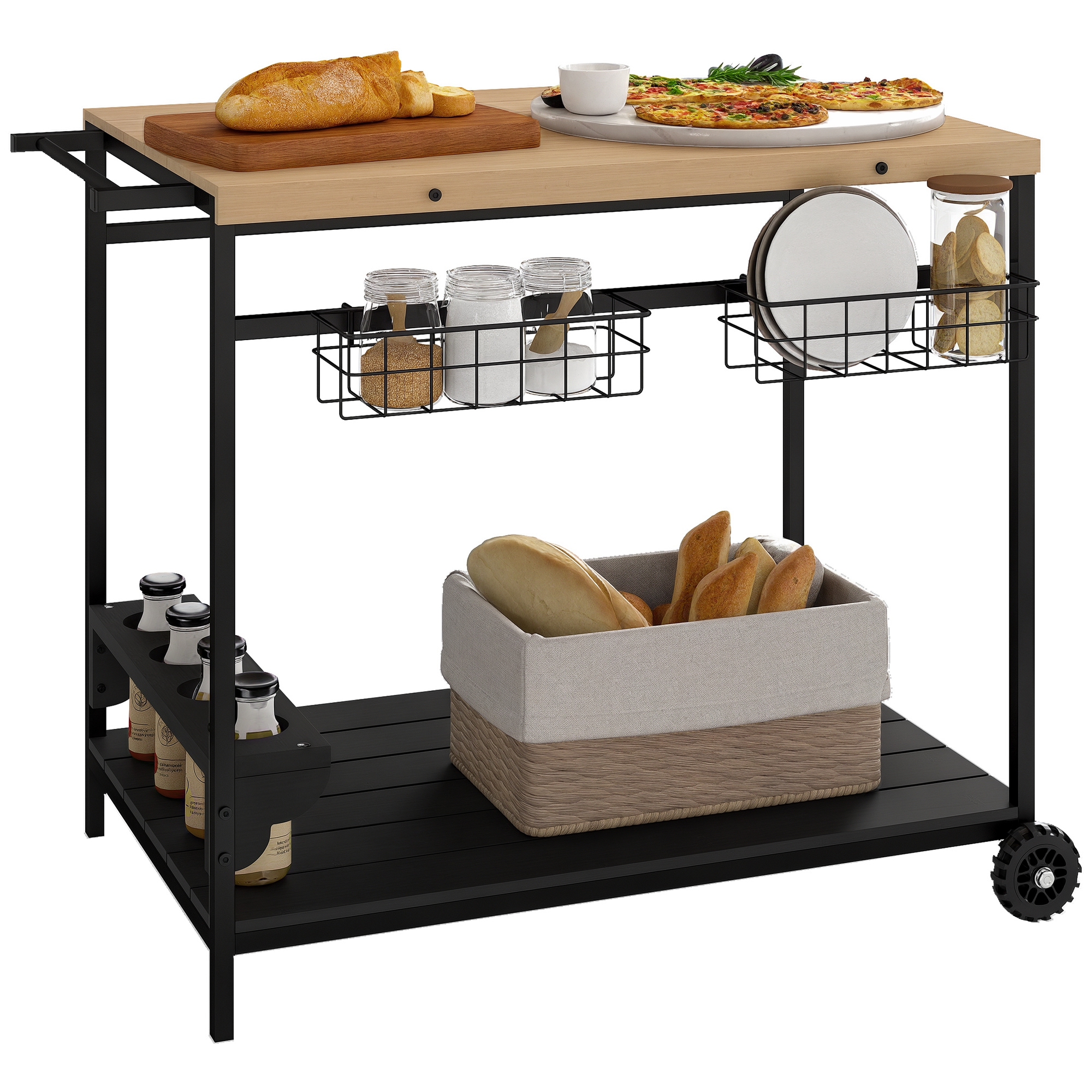 Outdoor Bar Cart Patio Serving Cart with Wine Holders Natural