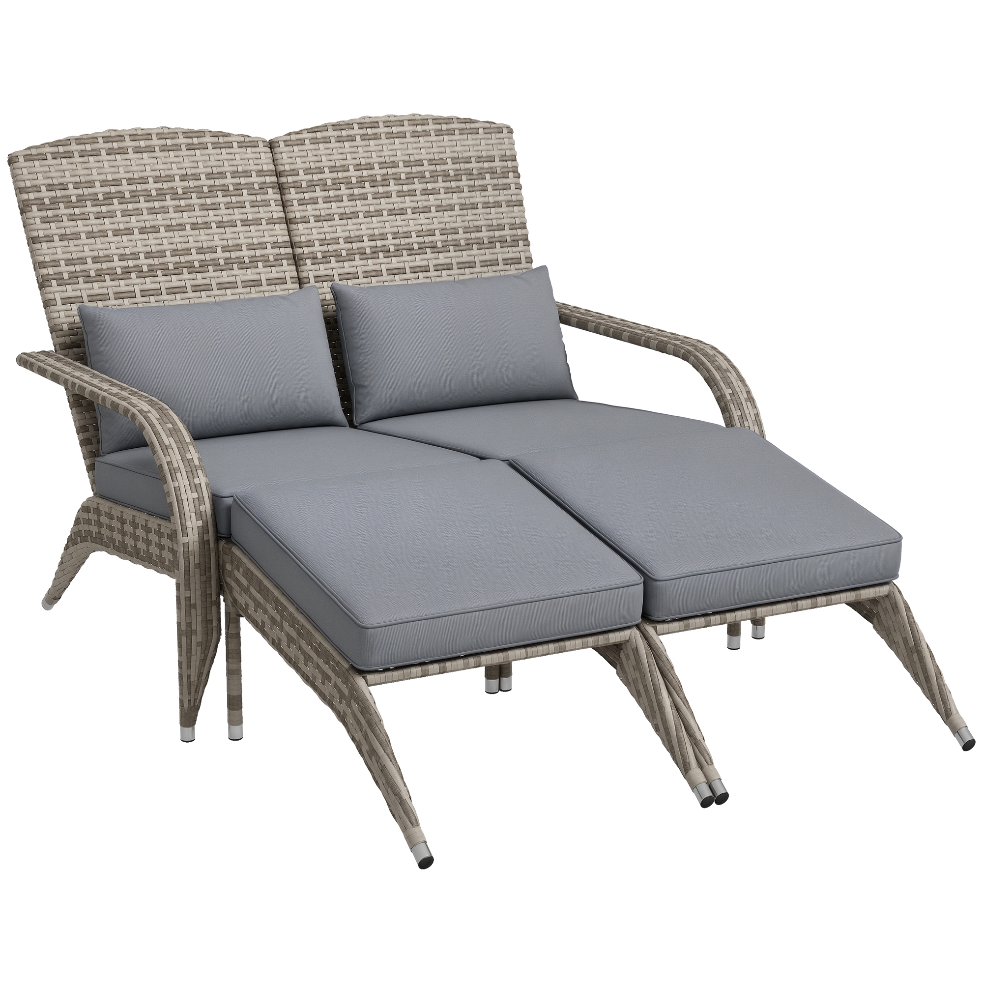  Wicker Adirondack Chair for 2 with Cushions & Footrests, PE Rattan Double Chaise Lounge Chair, Fire Pit Chair for Porch with Wide Armrests, High-back, Gray