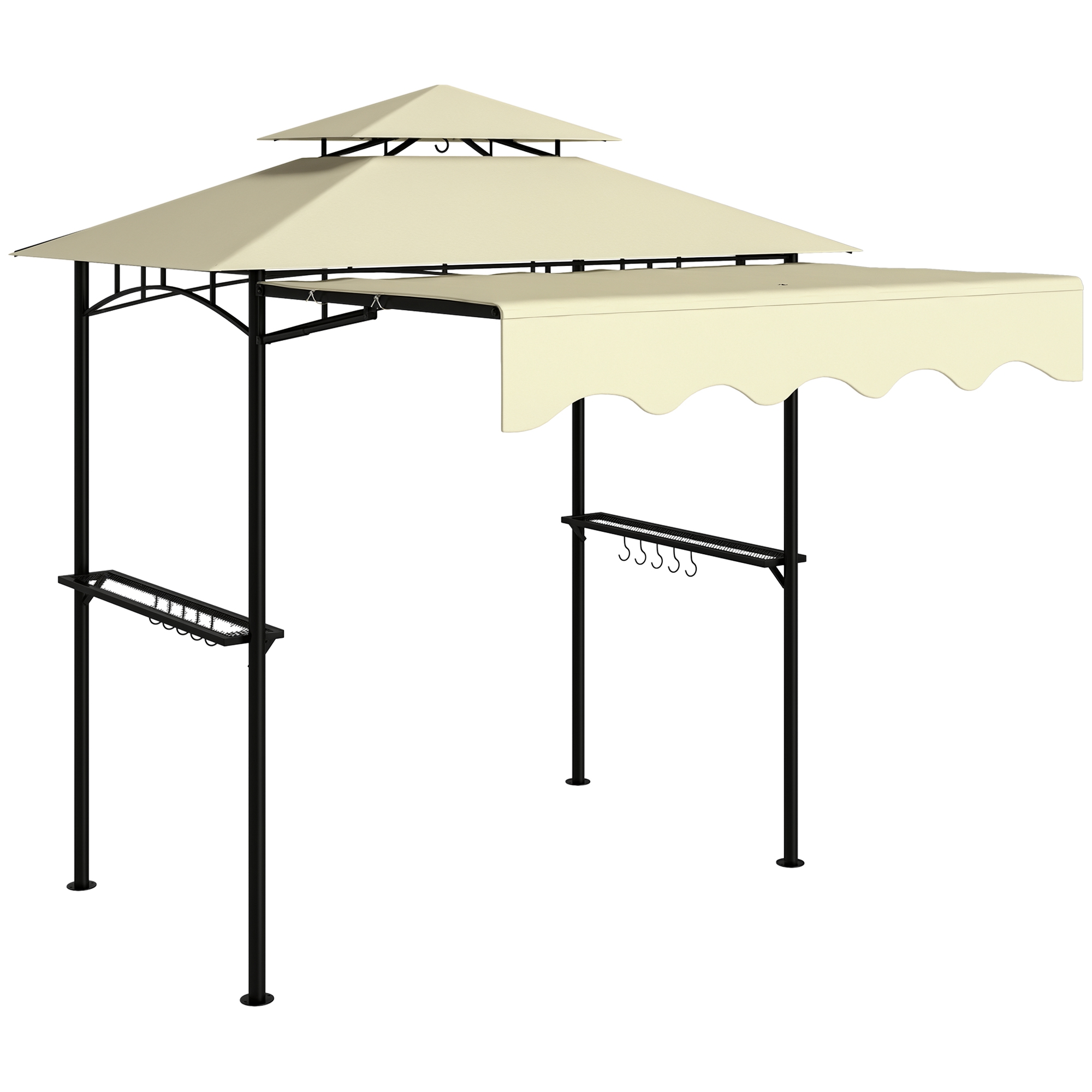 8' x 7.6' Outdoor Grill Gazebo, Barbecue Gazebo Shelter with Side Awning, 2 Side Shelves and 6 Hooks, Beige
