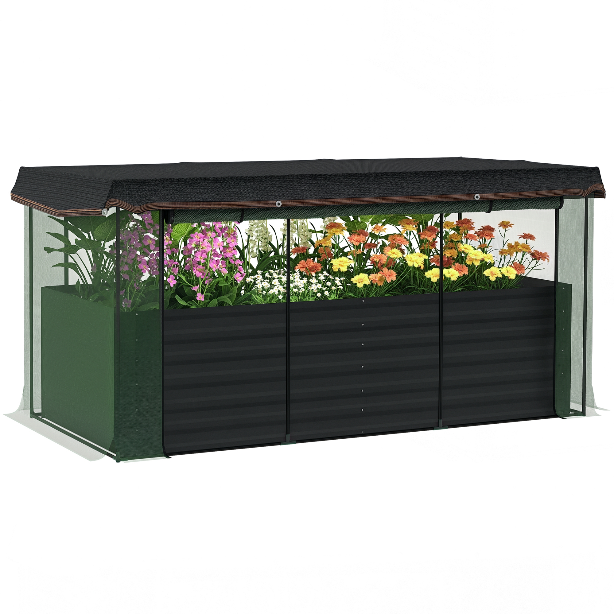 Galvanized Steel Planter Box with Crop Cage and Shade Cloth, Raised Garden Bed for Flowers, Veggies and Herbs, Dark Gray