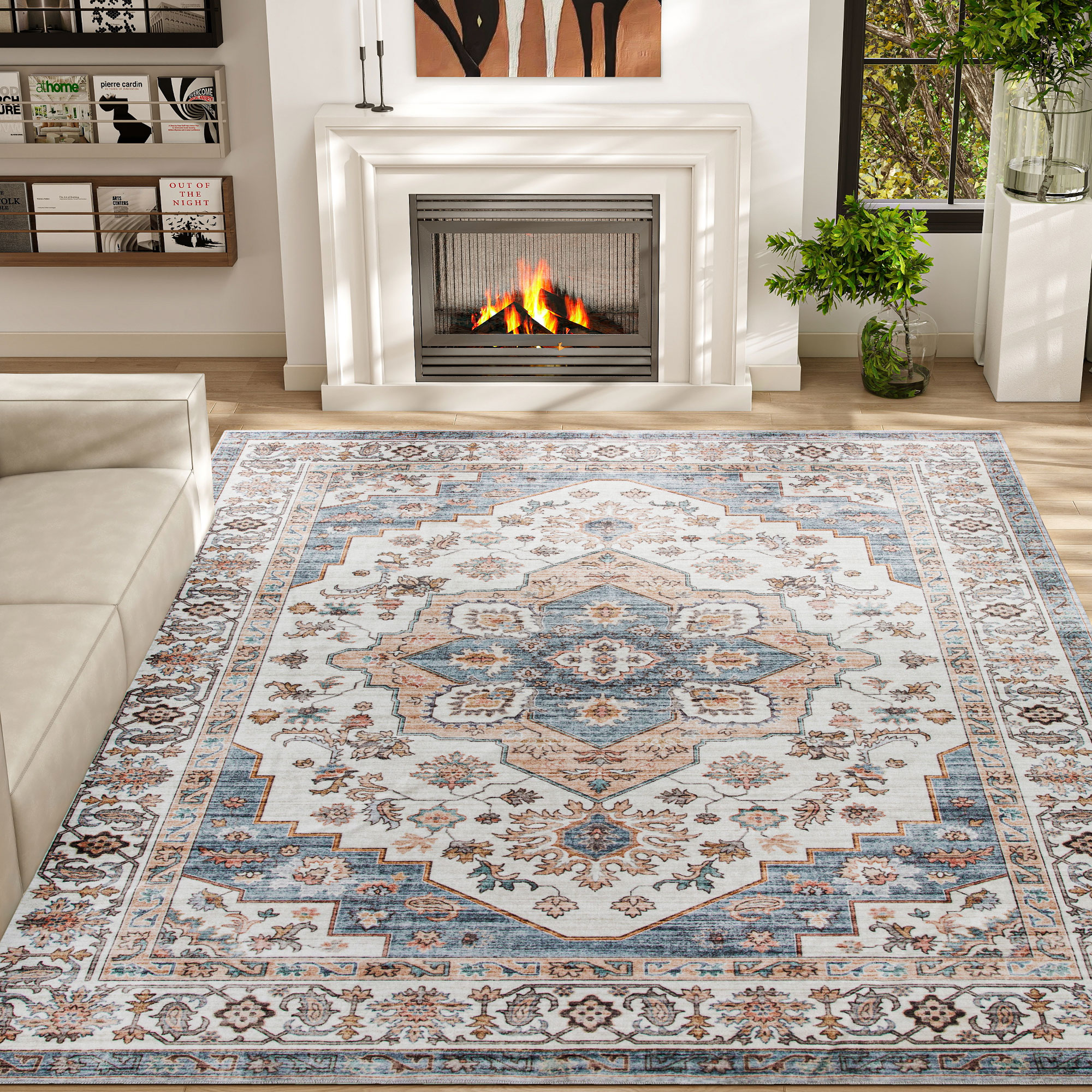 8x10 Area Rug, Vintage Machine Washable Rug, Non-Slip Carpet for Living Room, Bedroom, Dining Room, Brown & Light Blue