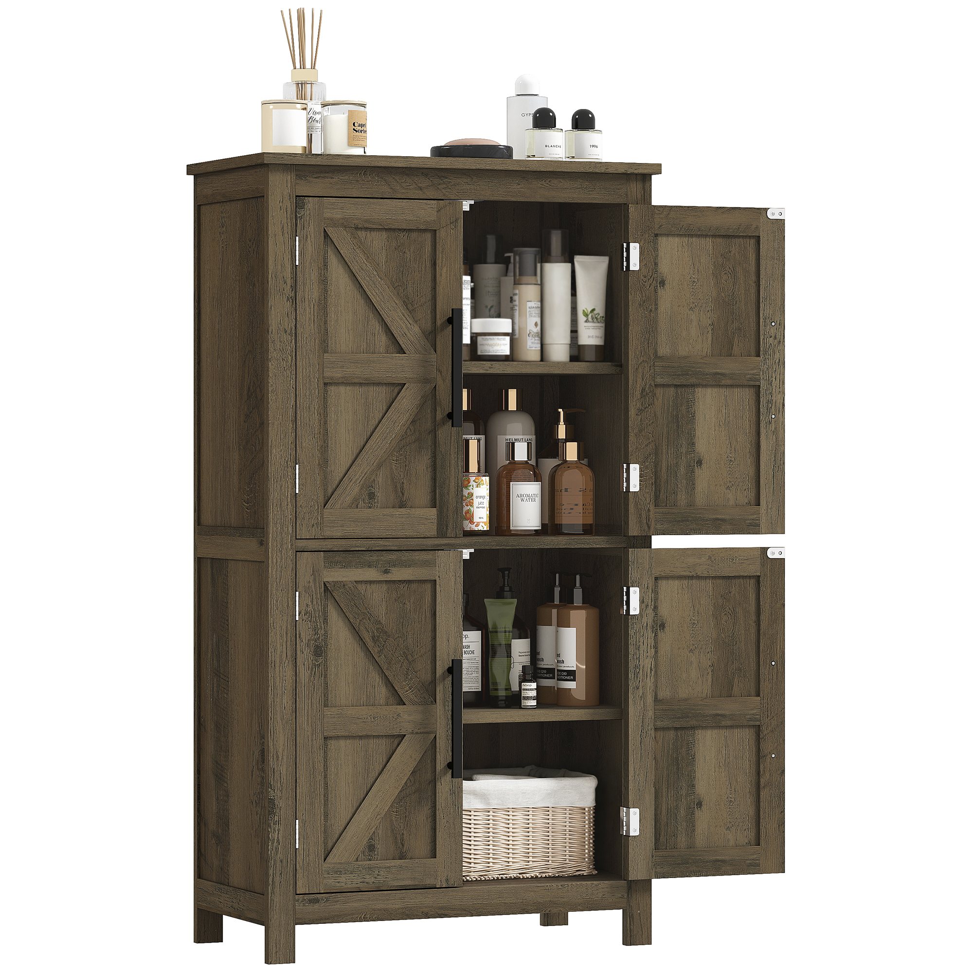 Bathroom Floor Storage Cabinet, Farmhouse Bathroom Cabinet with 4 Doors and Adjustable Shelf, Brown