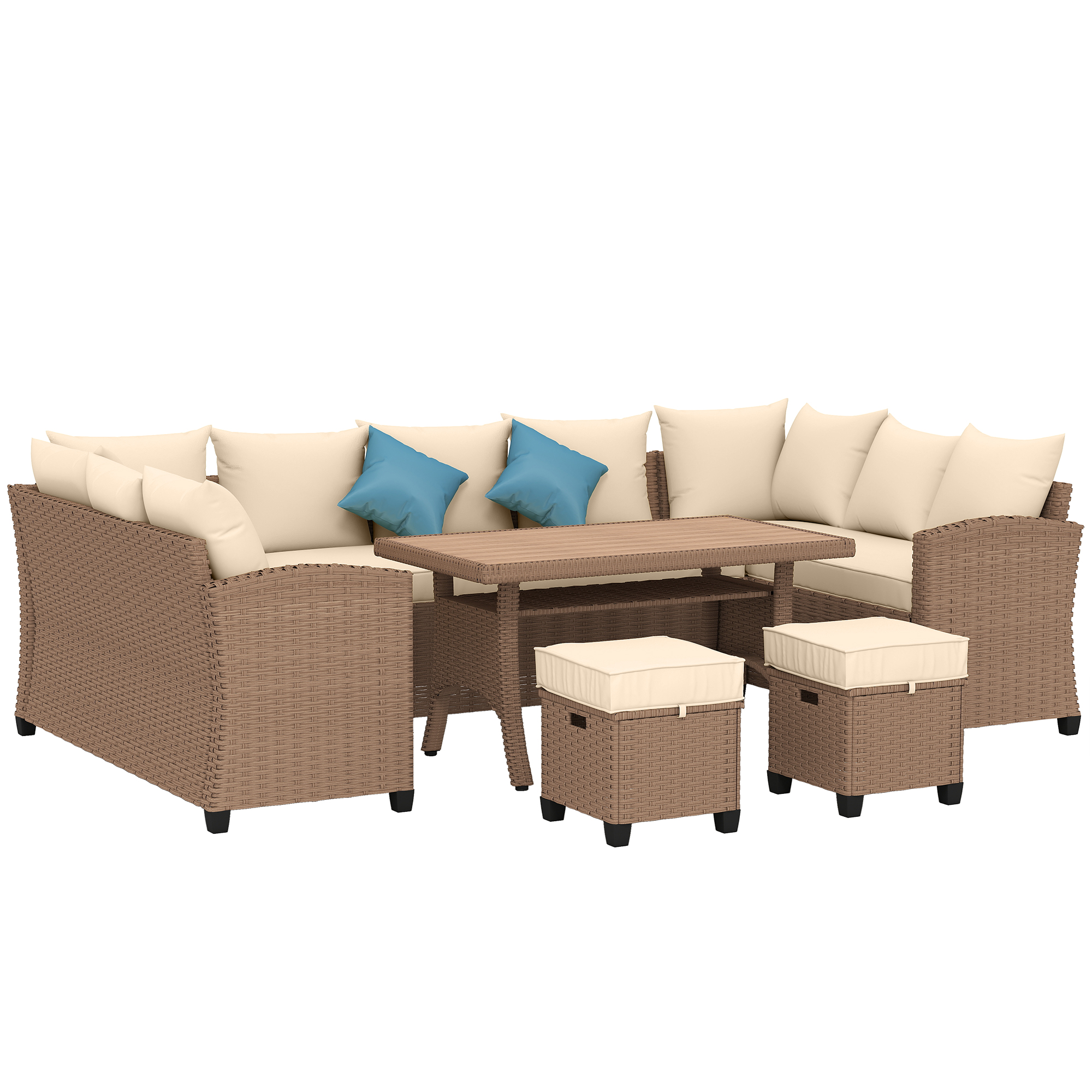  6 Piece Patio Furniture Set, PE Wicker Outdoor Furniture Conversation Set with 3 Sofas, 2 Ottomans and Slatted WPC Top Dining Table, All Weather Sectional Sofa Couch with Pillows, Khaki